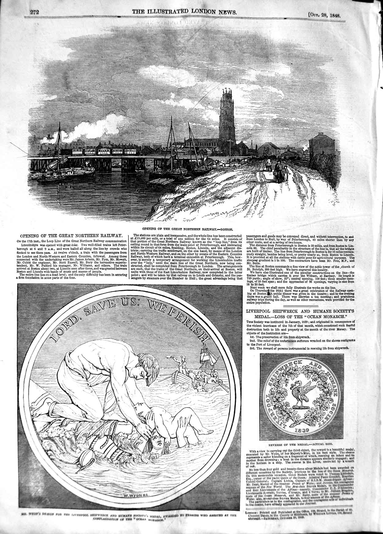 Old Antique Print 1848 Great Northern Railway Boston Wyon Medal Liverpool 19th