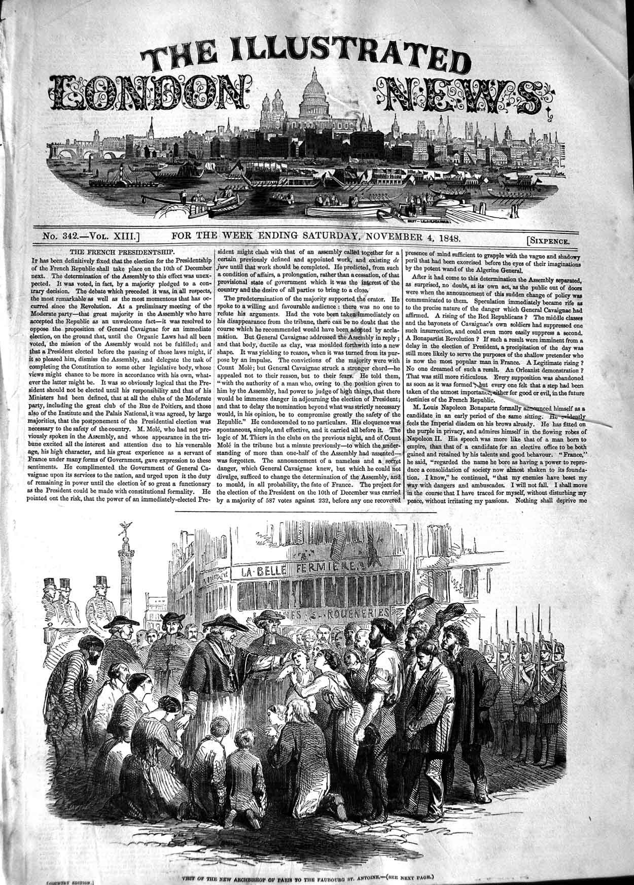 Original Old Antique Print 1848 New Archbishop Paris Faubourg Antoine People