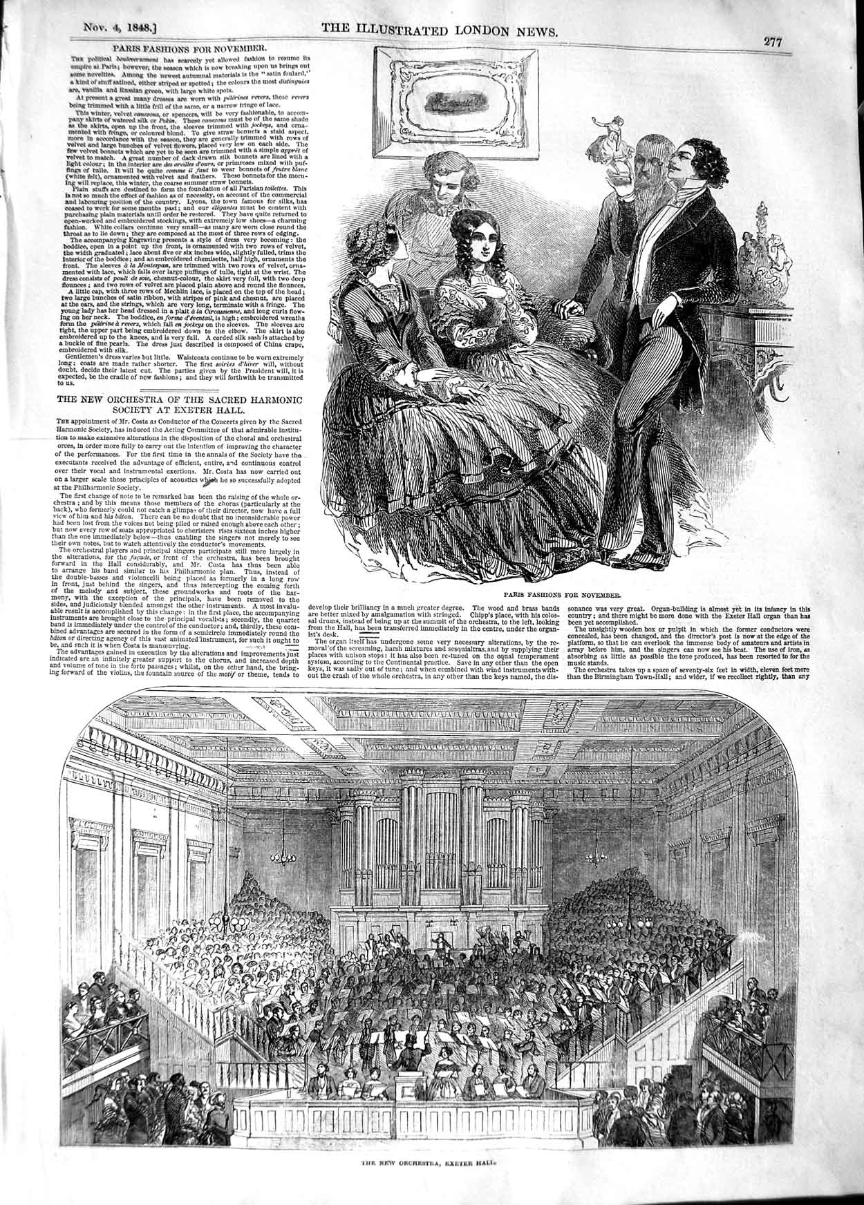 Original Old Antique Print 1848 Orchestra Harmonic Society Exeter Hall Fashion