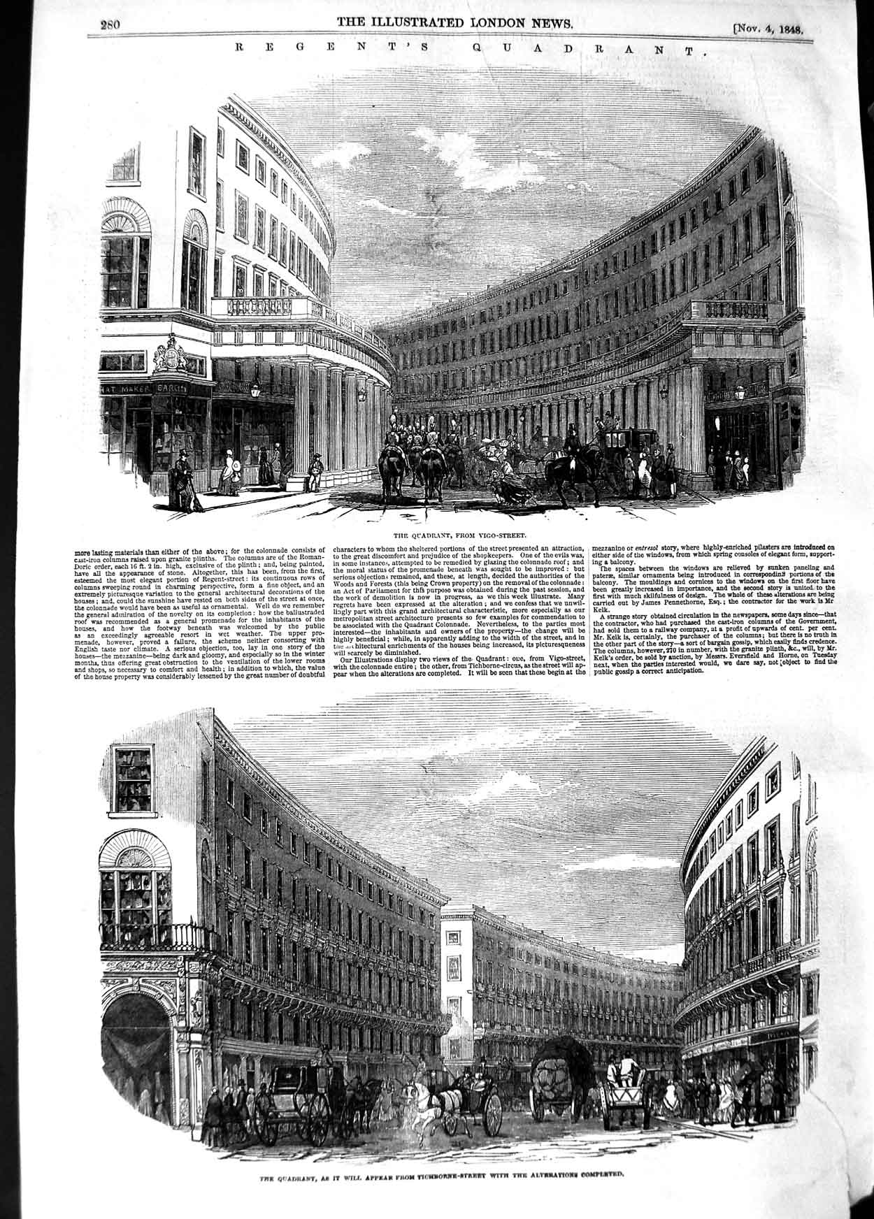 Original Old Antique Print 1848 Regent'S Quadrant Vigo Street Tichborne London