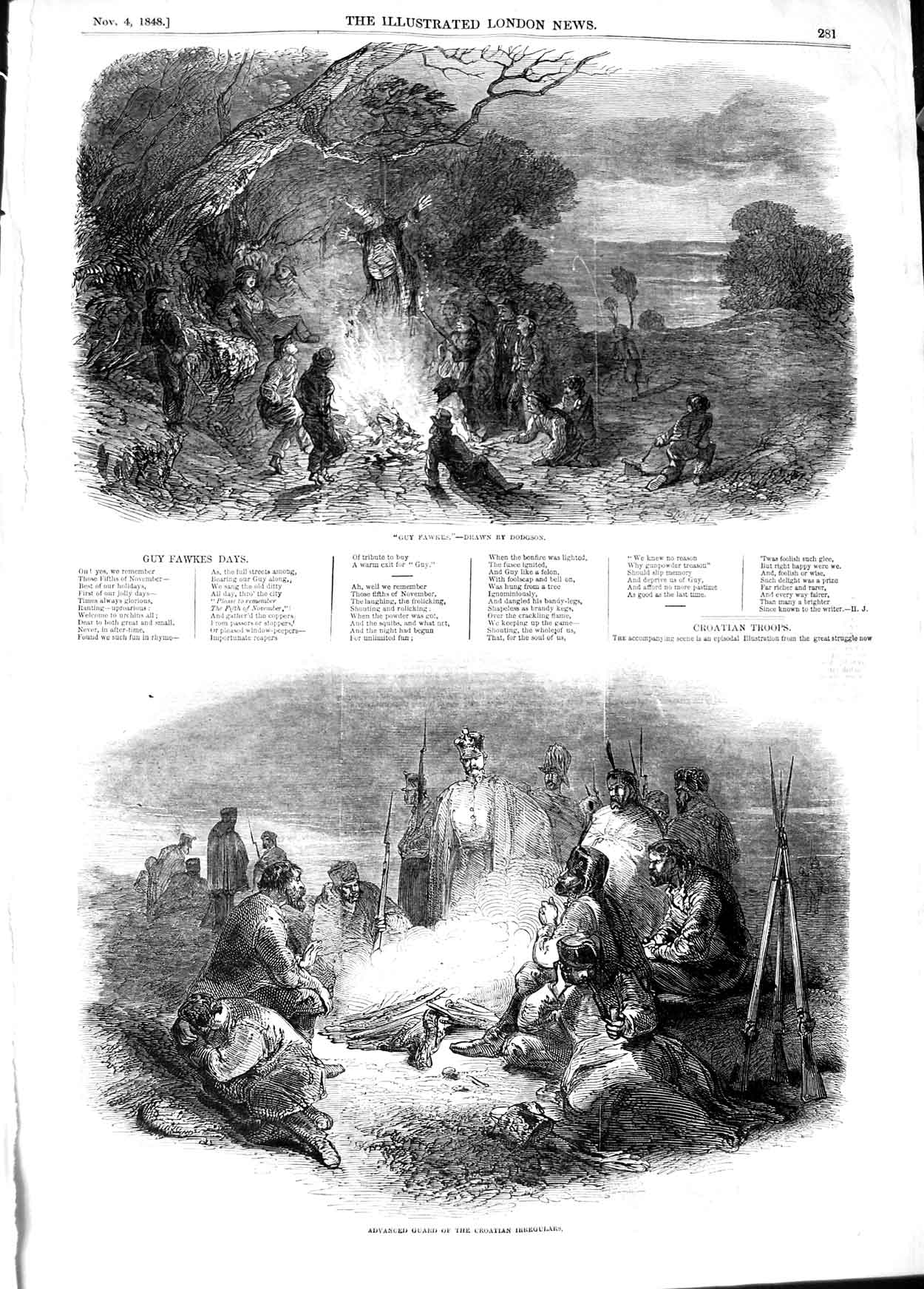 Original Old Antique Print 1848 Guy Fawkes Bonfire Guard Croatian Irr Victorian