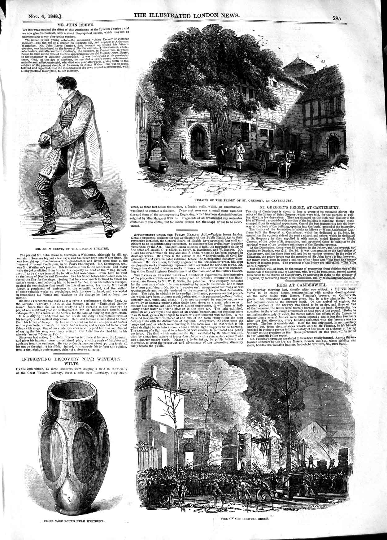 Old Antique Print 1848 Reeve Lyceum Theatre Canterbury Camberwell Green 19th