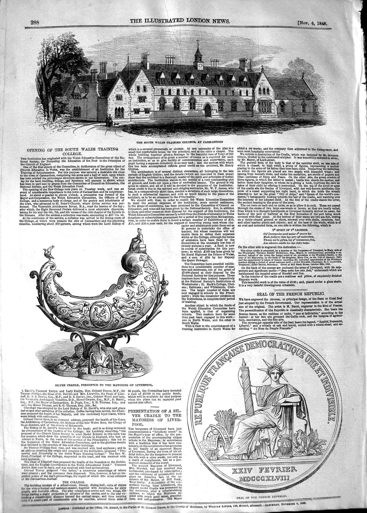 Original Old Antique Print 1848 Wales College Carmarthen Seal French Republic