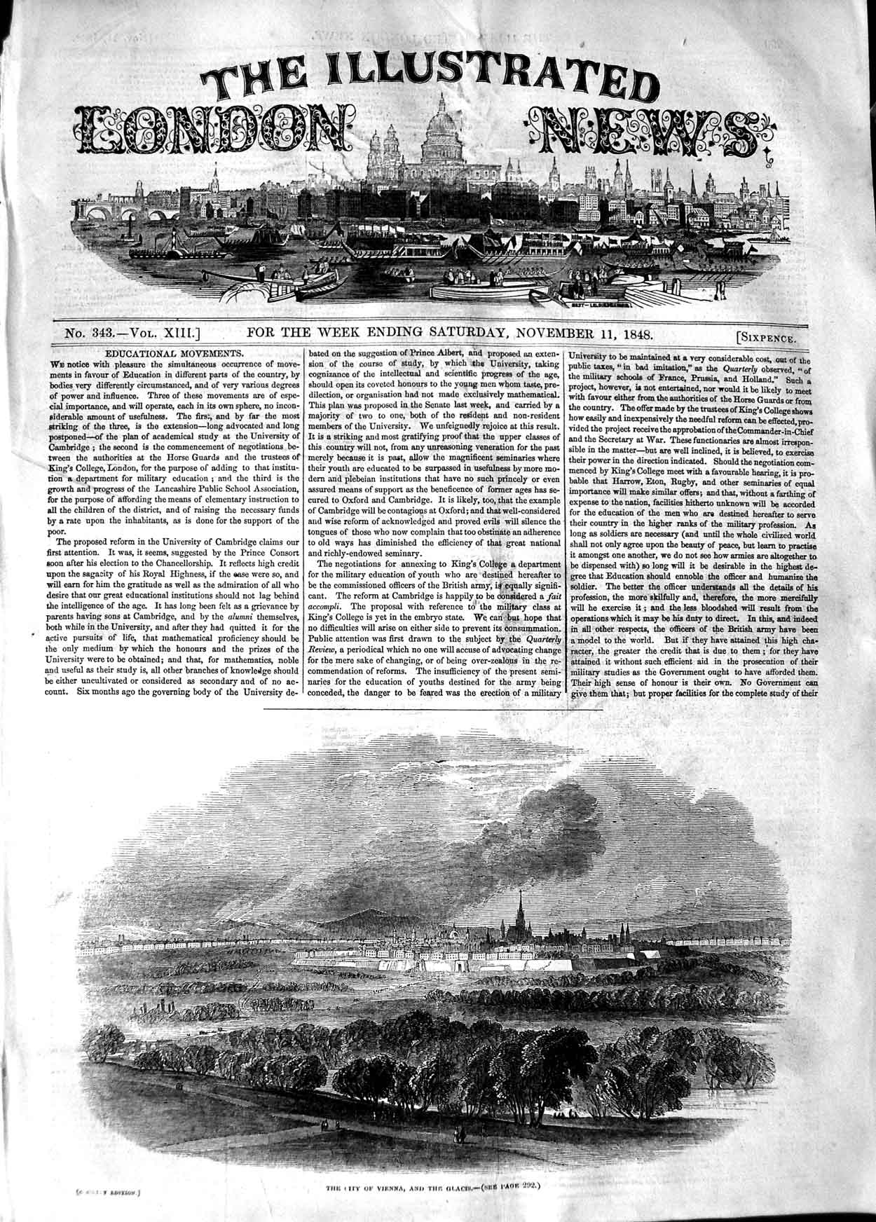 Original Old Antique Print 1848 View City Vienna Glacis Buildings Trees 19th