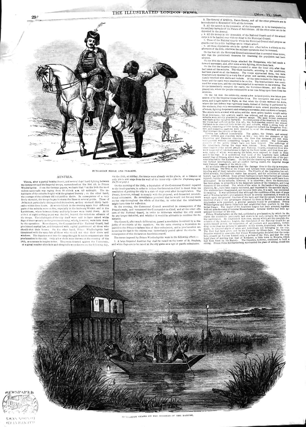 Original Old Antique Print 1848 Hungarian Noble Peasant Guard River Danube 19th