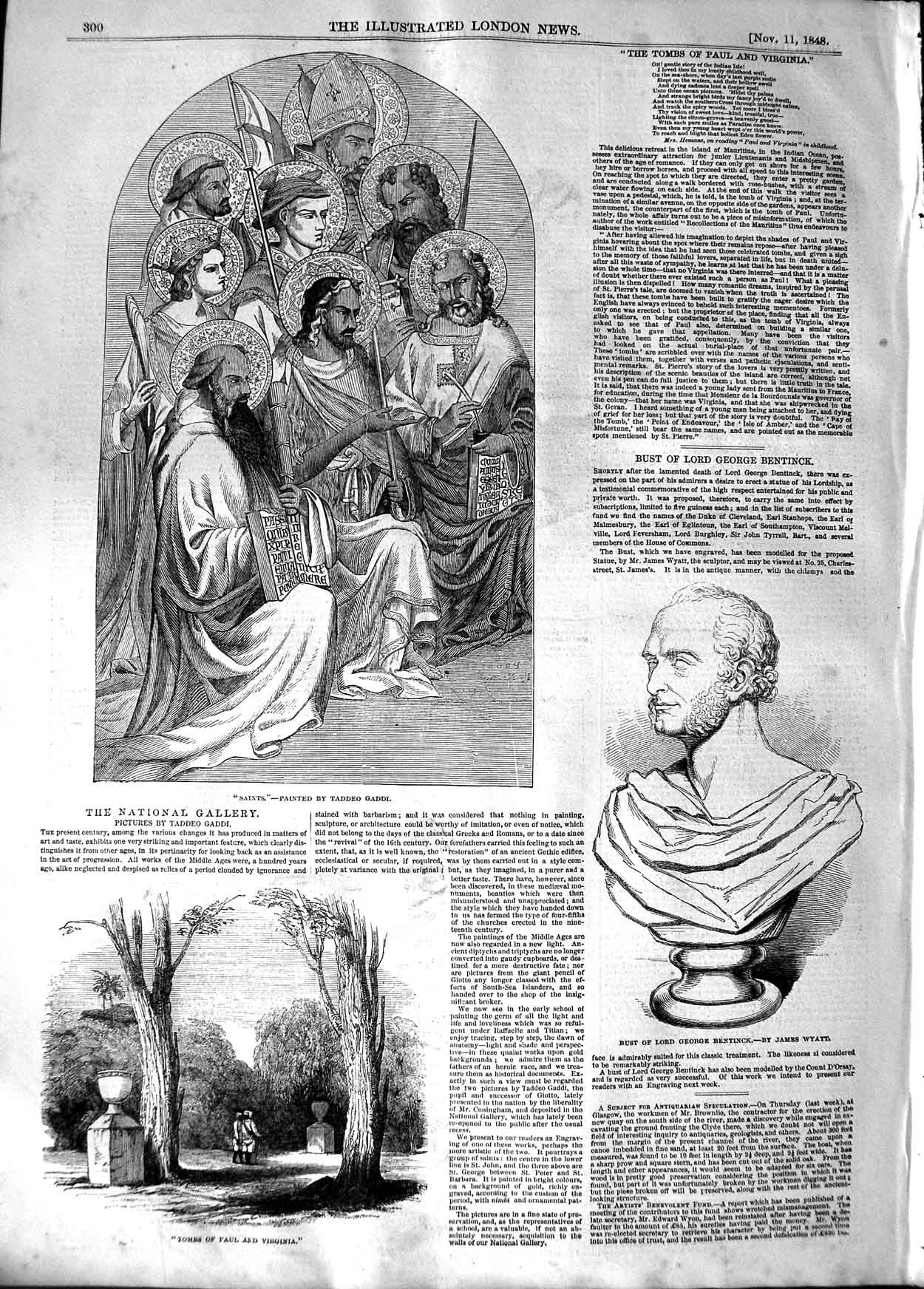 Original Old Antique Print 1848 Tombs Paul Virginia Bust Lord Bentinck Victorian