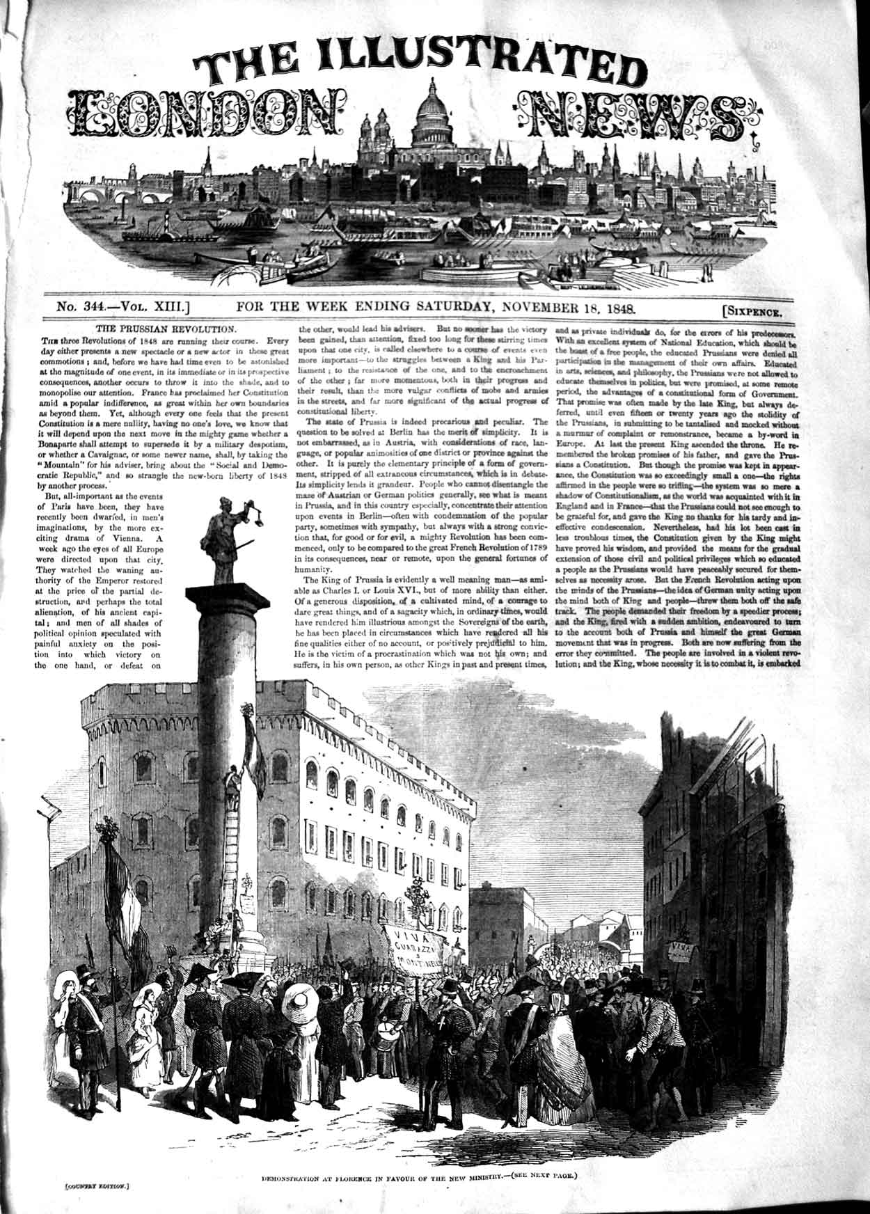 Old Antique Print 1848 Demonstration Florence New Ministry Street Scene 19th