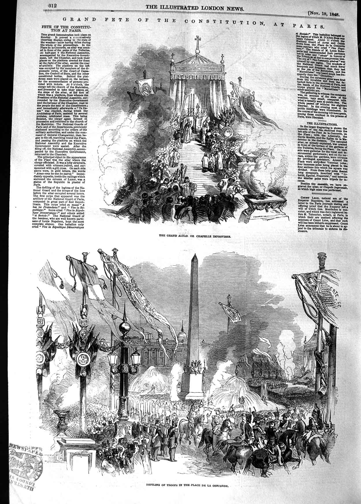 Original Old Antique Print 1848 Fete Constitution Paris Altar Chapelle Concorde