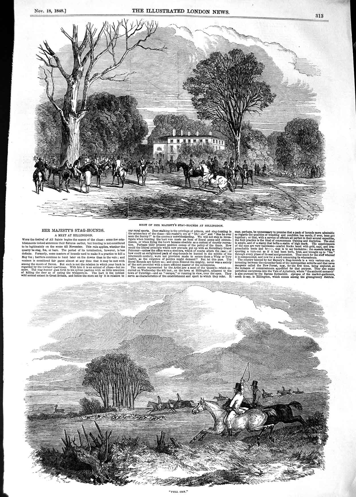 Old Antique Print 1848 Queen Stag Hounds Hillingdon Hunting Horses Sport 19th