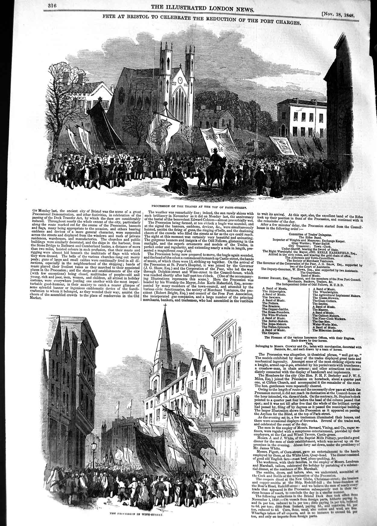 Old Antique Print 1848 Fete Bristol Procession Port Charges Wine Street 19th