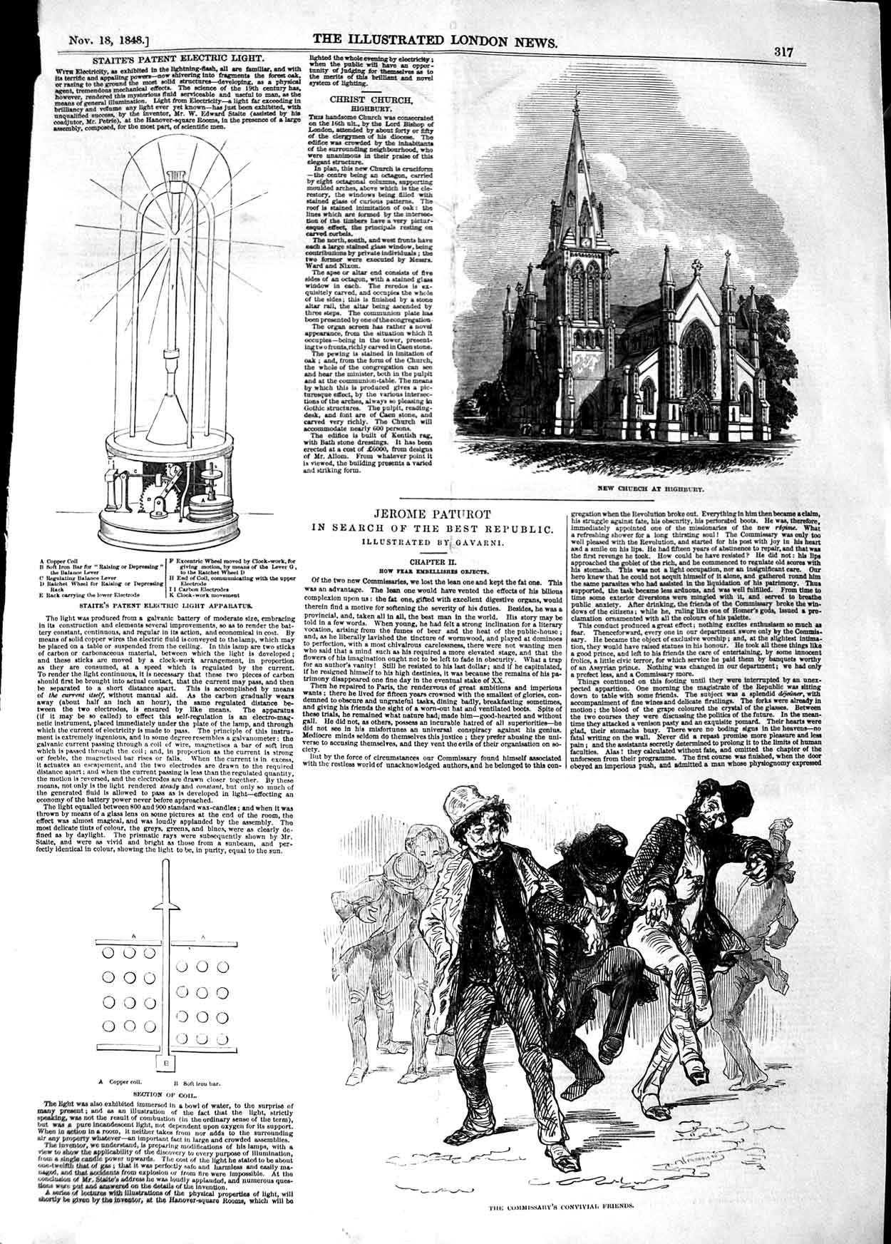 Original Old Antique Print 1848 Church Highbury Staite Patent Electric Light