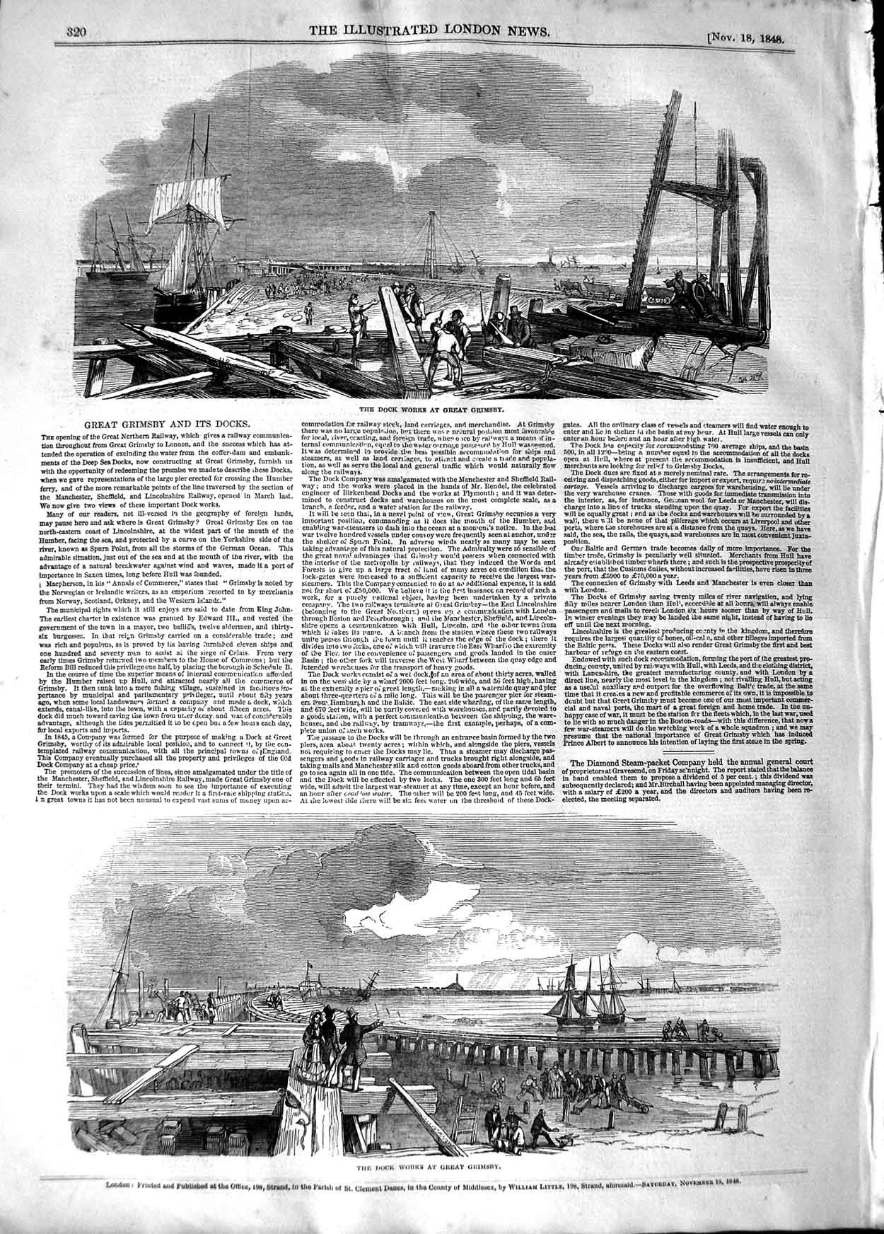 Original Old Antique Print 1848 View Dock Works Great Grimsby Ships England