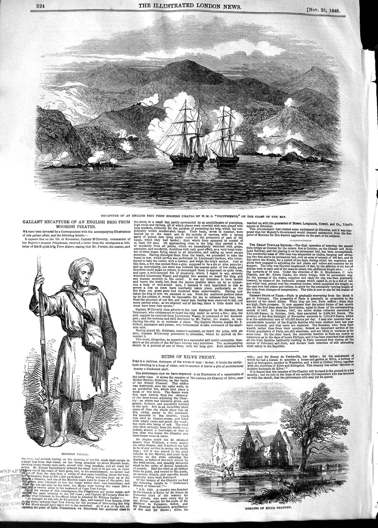 Old Antique Print 1848 Kilve Chantry Polyphemus Ship Rif Moorish Pirate 19th