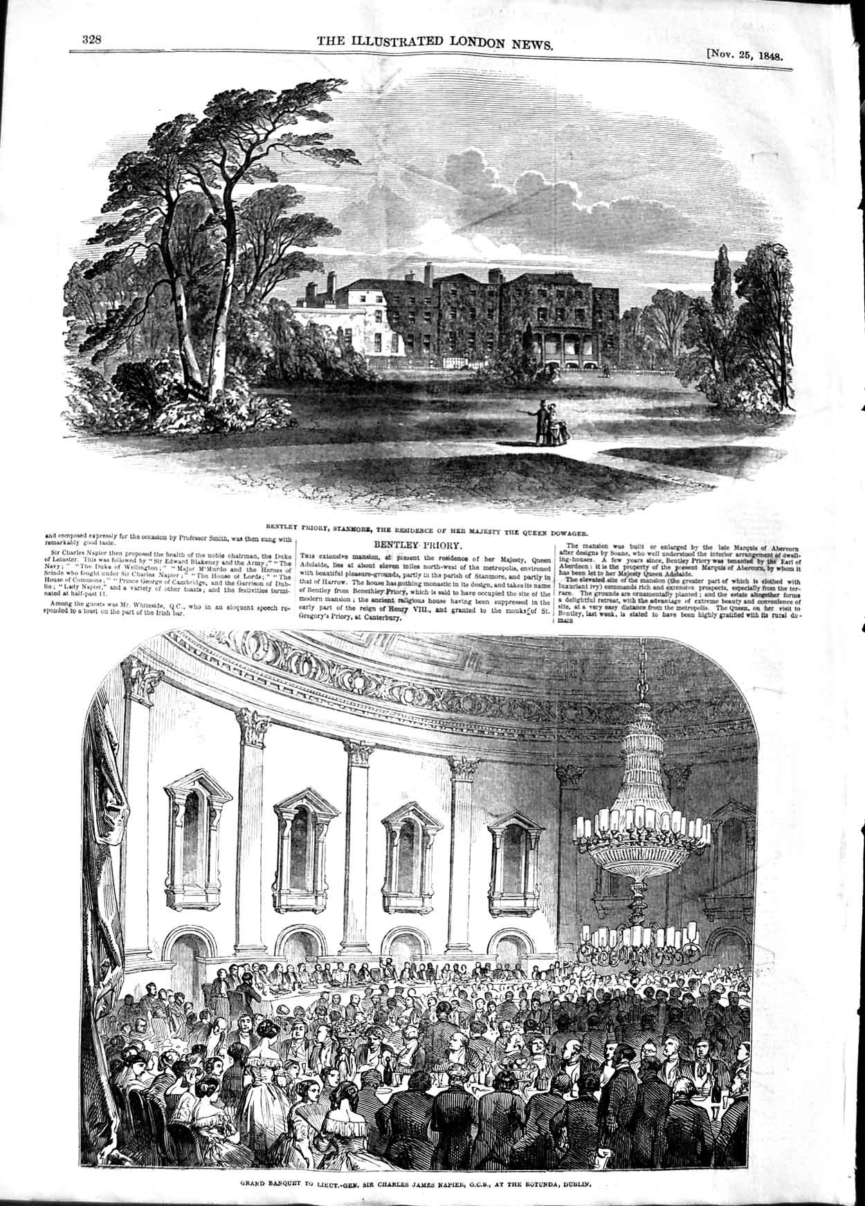 Old Antique Print 1848 Bentley Priory Queen Dowager Rotunda Dublin Napier 19th