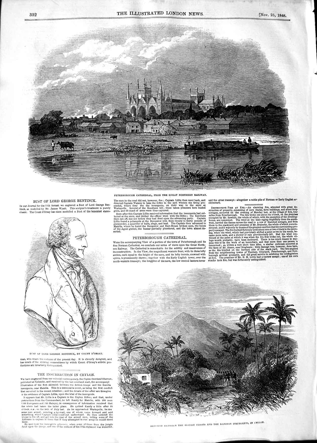 Original Old Antique Print 1848 Peterborough Cathedral Lord Bentinck Ceylon War