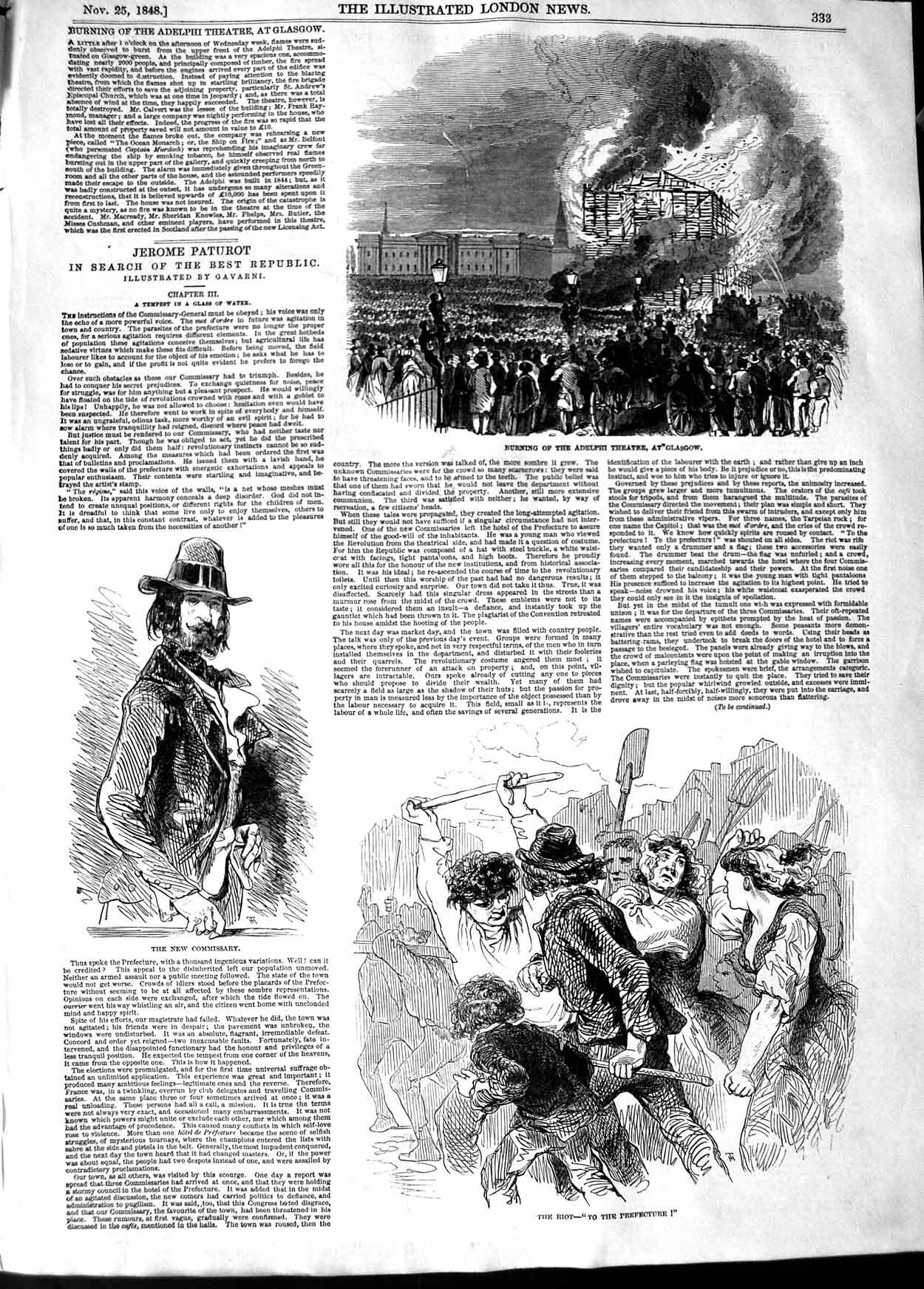 Old Antique Print 1848 Burning Adelphi Theatre Glasgow Riot Commissiary 19th