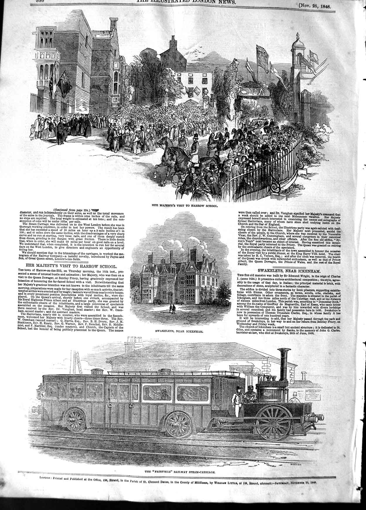 Old Antique Print 1848 Queen Harrow Swakeleys Fairfield Railway Carriage 19th
