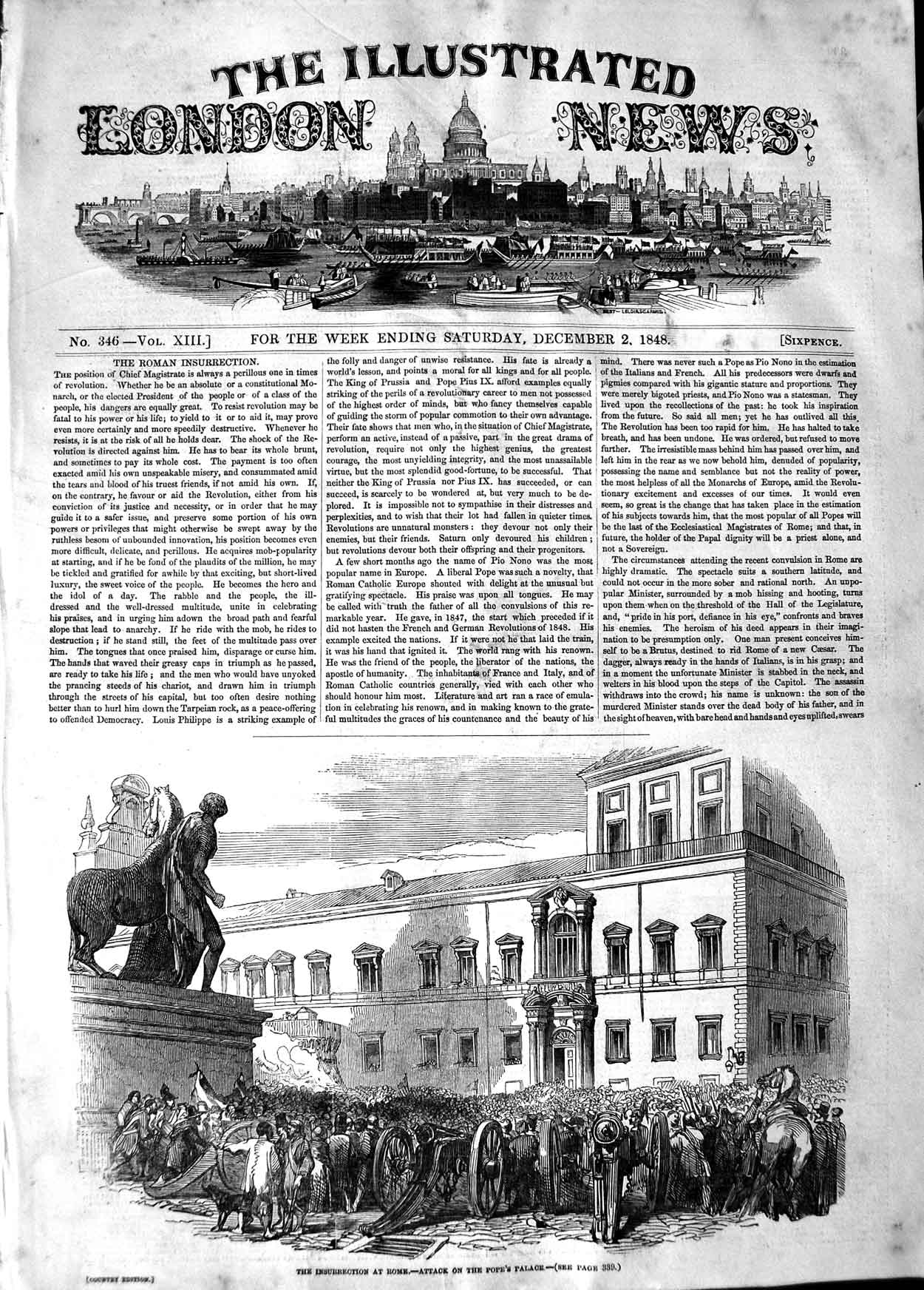 Original Old Antique Print 1848 Scene Insurrection Rome Attack People'S Palace