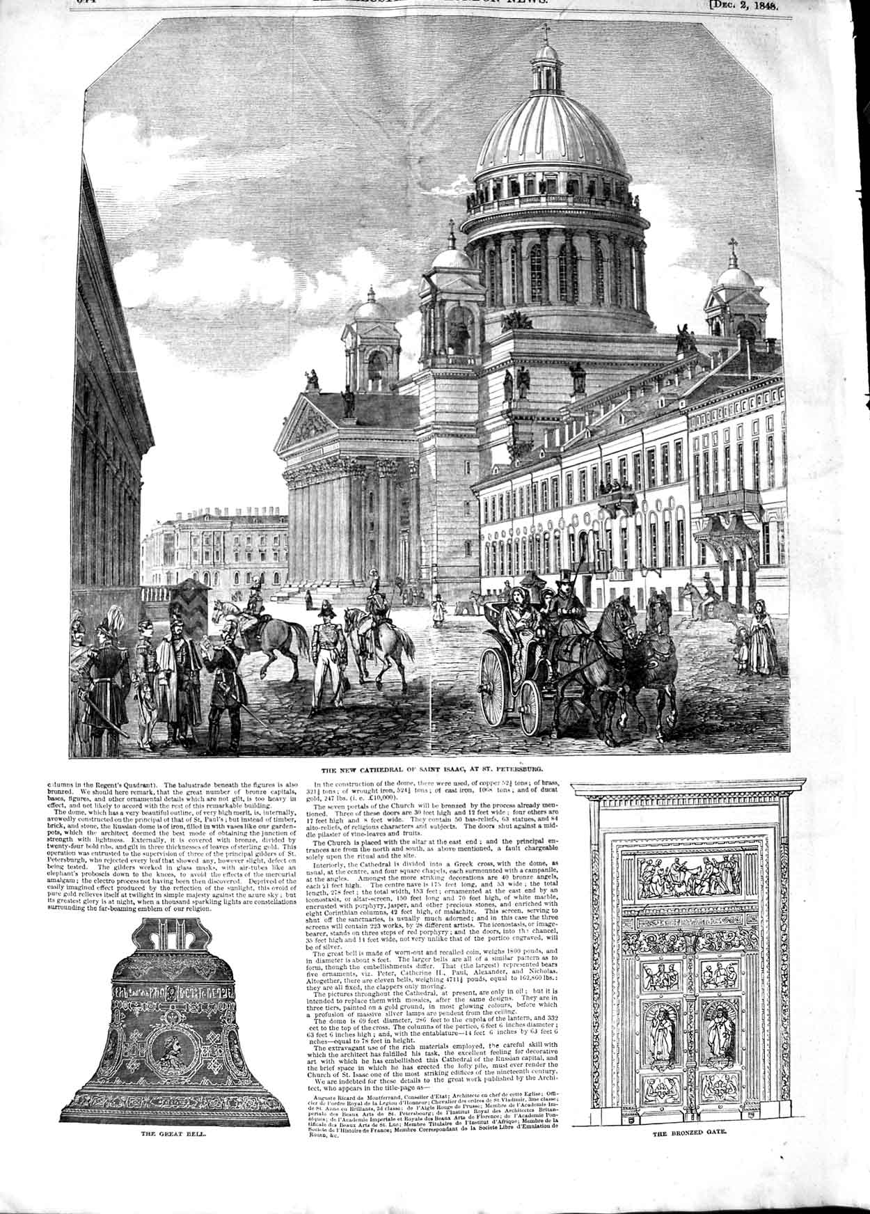 Old Antique Print 1848 Cathedral Saint Isaac Petersburg Great Bell Gate 19th