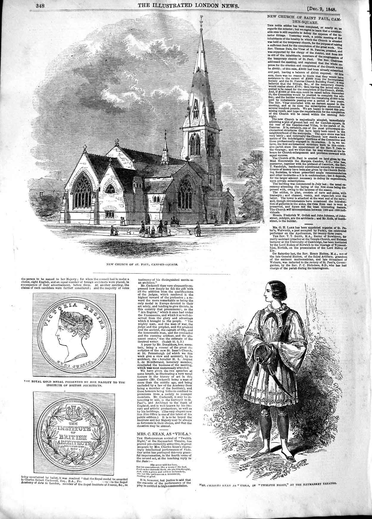 Original Old Antique Print 1848 Church St. Paul Camden-Square Haymarket 19th