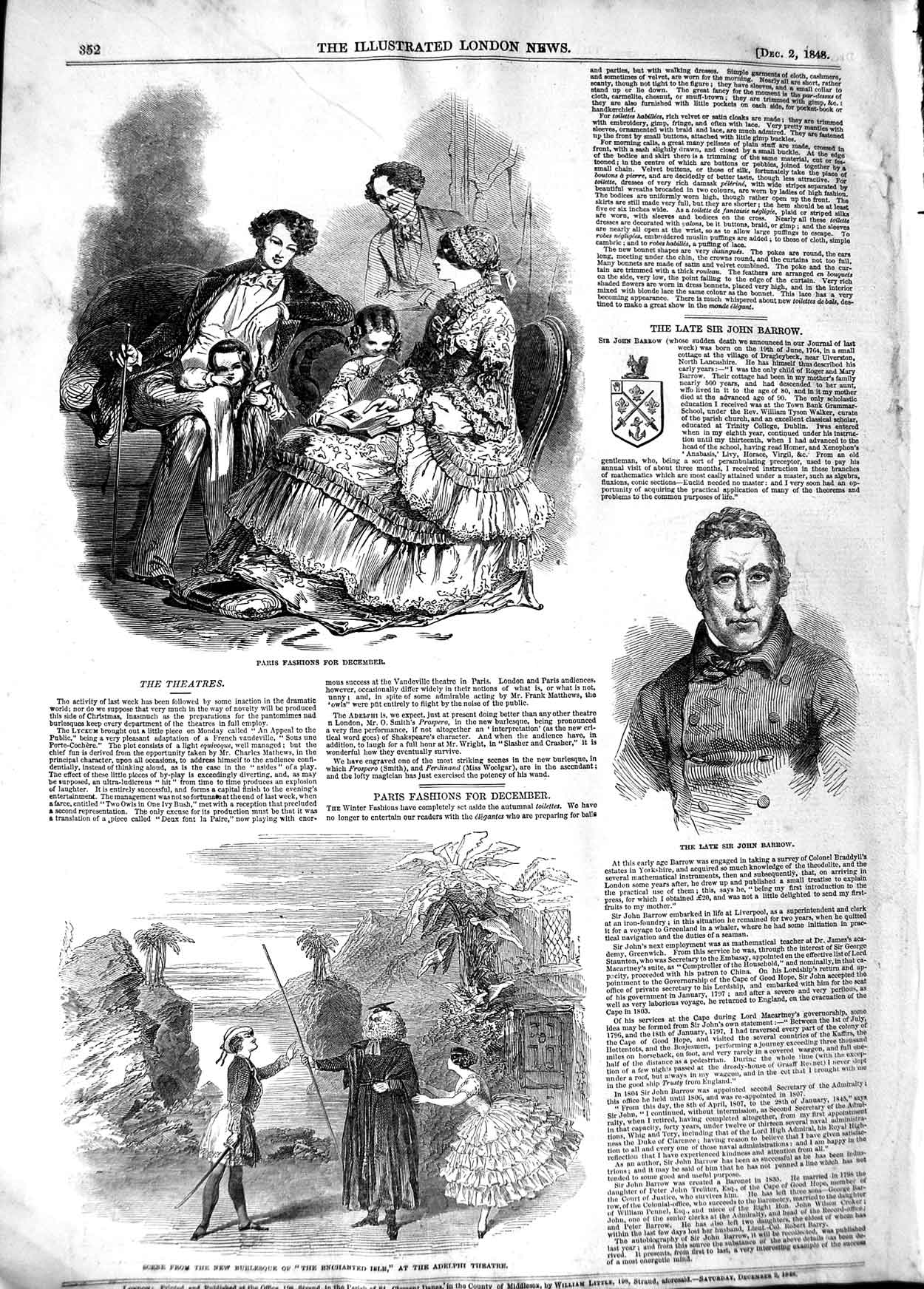 Original Old Antique Print 1848 John Barrow Paris Fashion Adelphi Theatr 19th