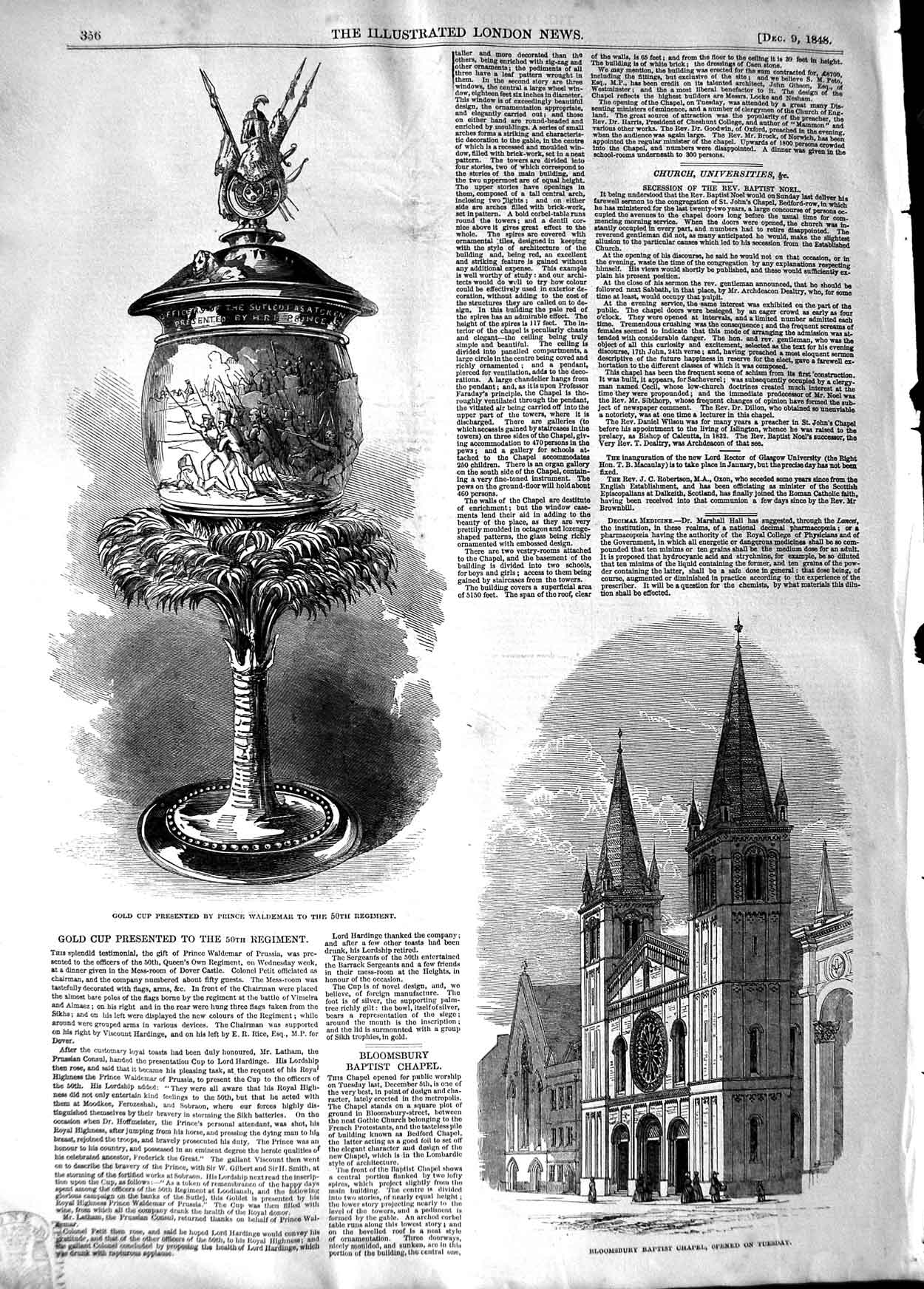 Original Old Antique Print 1848 GCup Prince Waldemar Bloomsbury Baptist Chapel