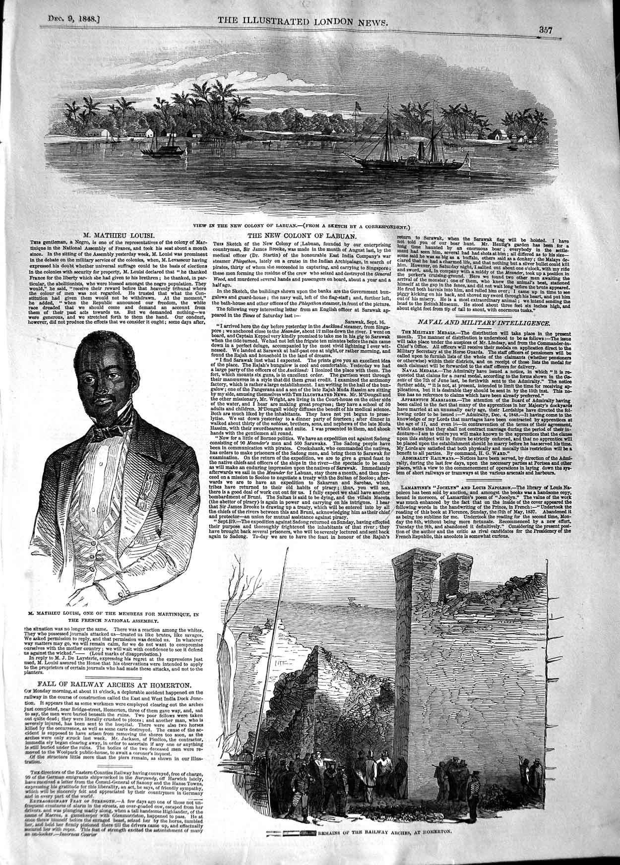 Original Old Antique Print 1848 Colony Labuan Railway Arches Homerton Louisi
