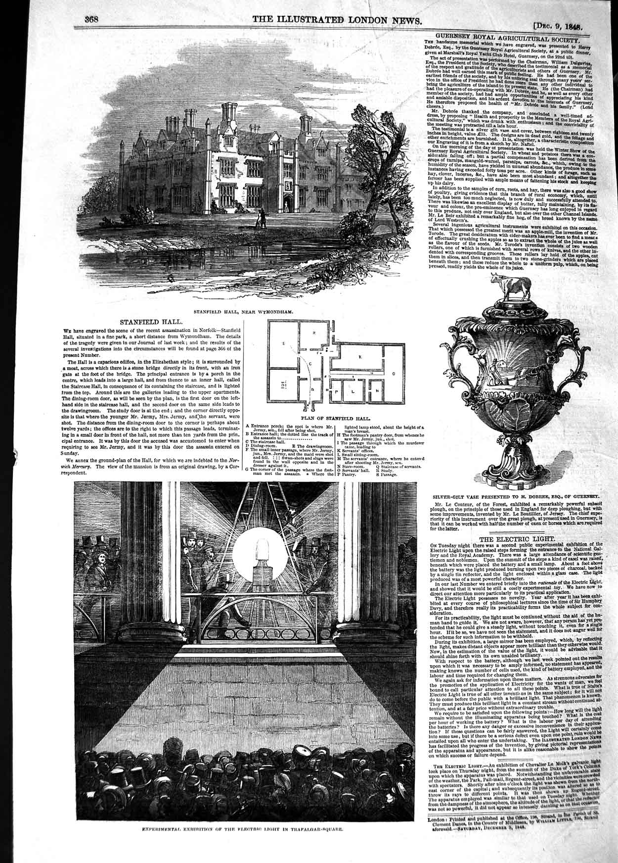 Old Antique Print 1848 Stanfield Hall Wymondham Electric Light Trafalgar 19th
