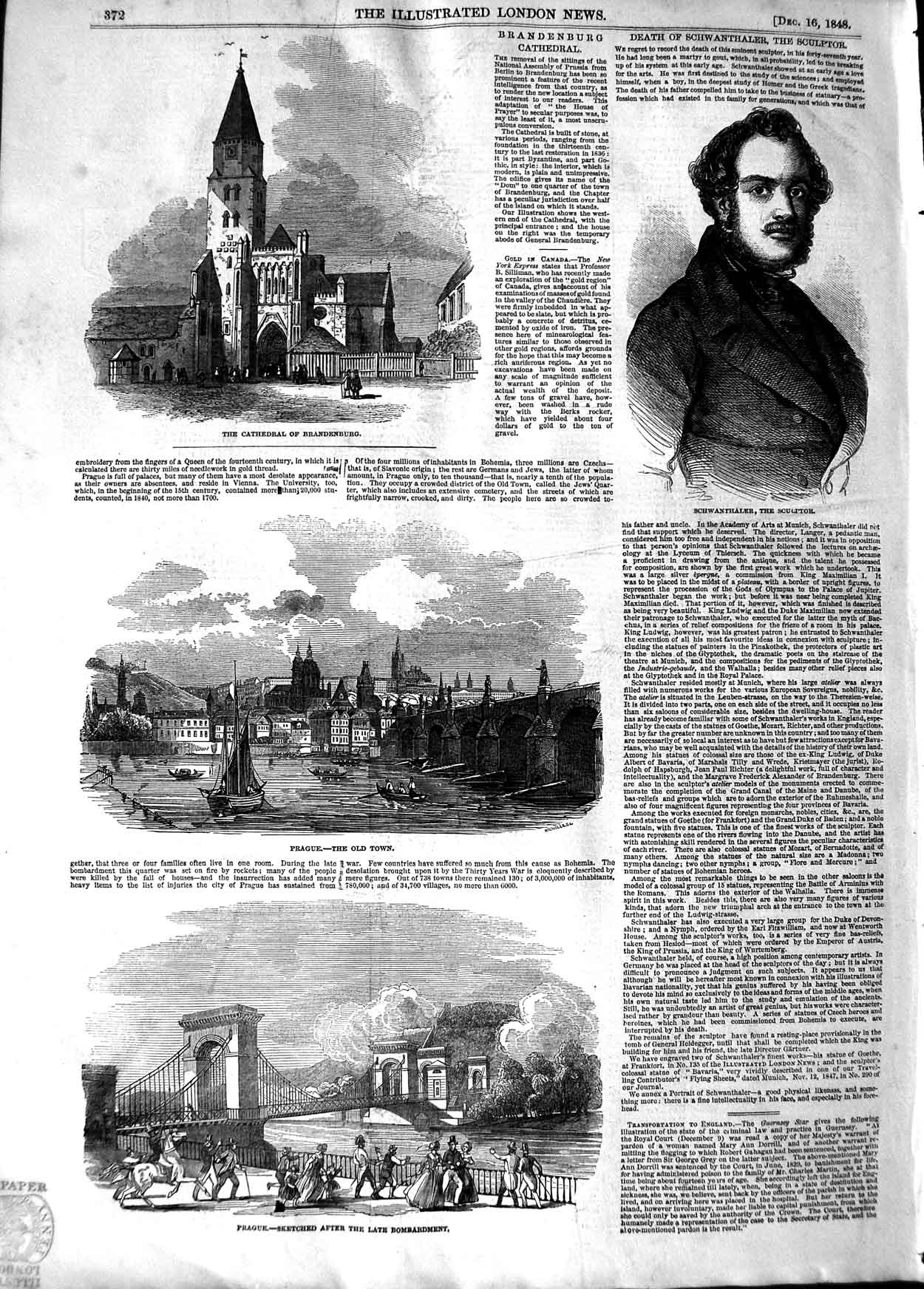 Original Old Antique Print 1848 Cathedral Brandenburg Schwanthaler Prague Town