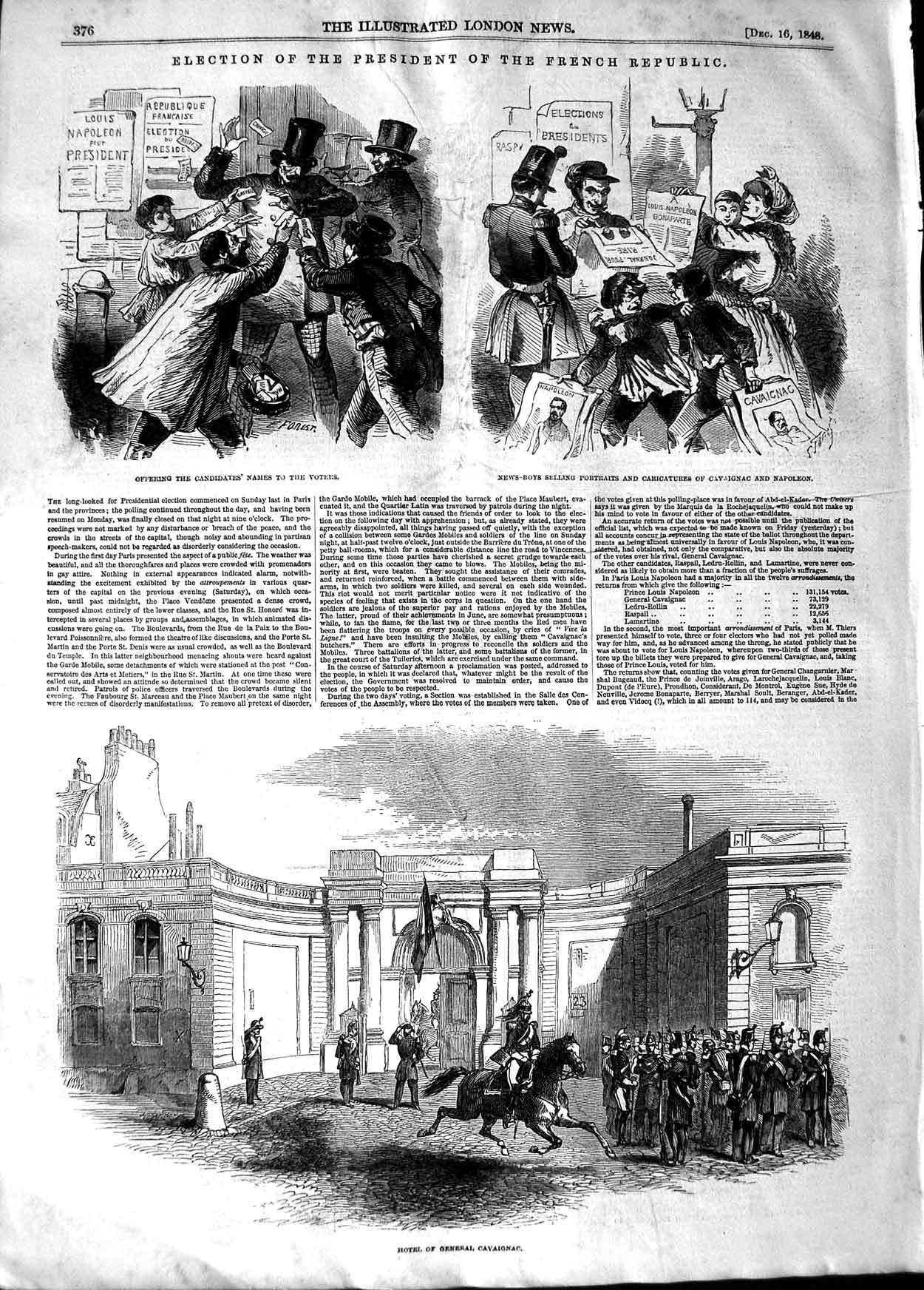 Old Antique Print 1848 Election President French Republic Cavaignac Louis 19th