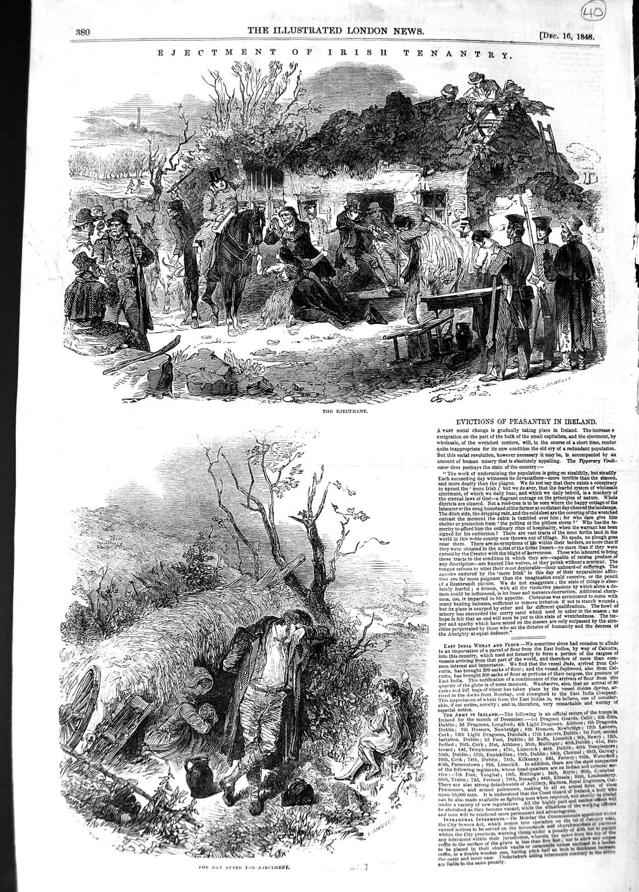 Original Old Antique Print 1848 Ireland Ejectment Irish Tenantry Peasants 19th