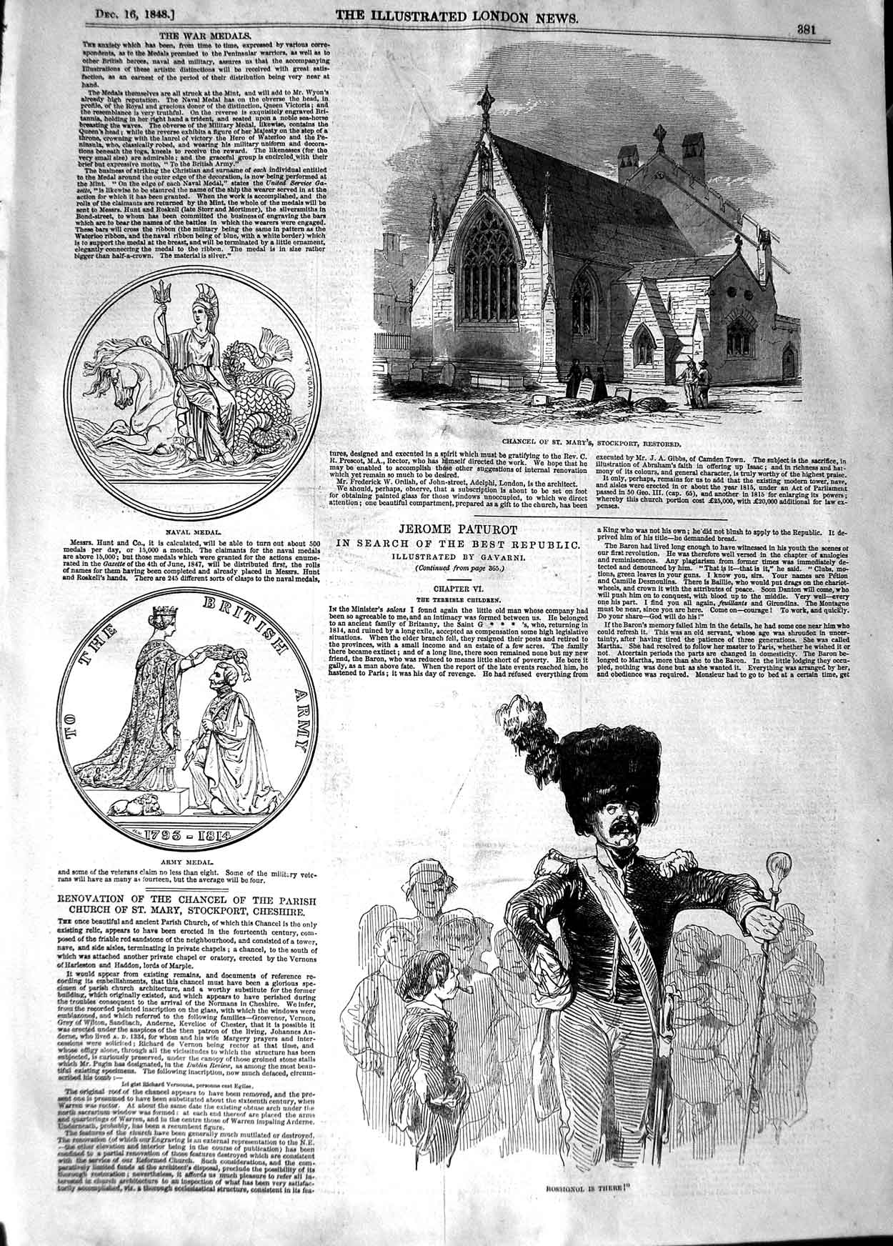 Original Old Antique Print 1848 Chancel Mary'S Stockport Army Navy Med Victorian