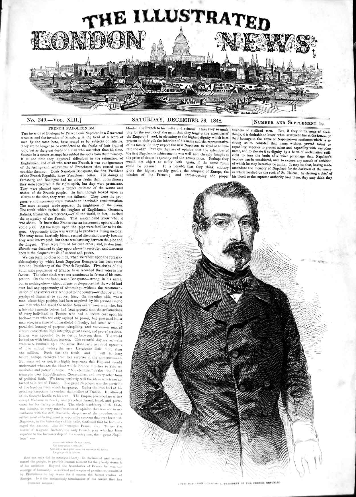 Old Antique Print 1848 Louis Napoleon Bonaparte French Republic President 19th