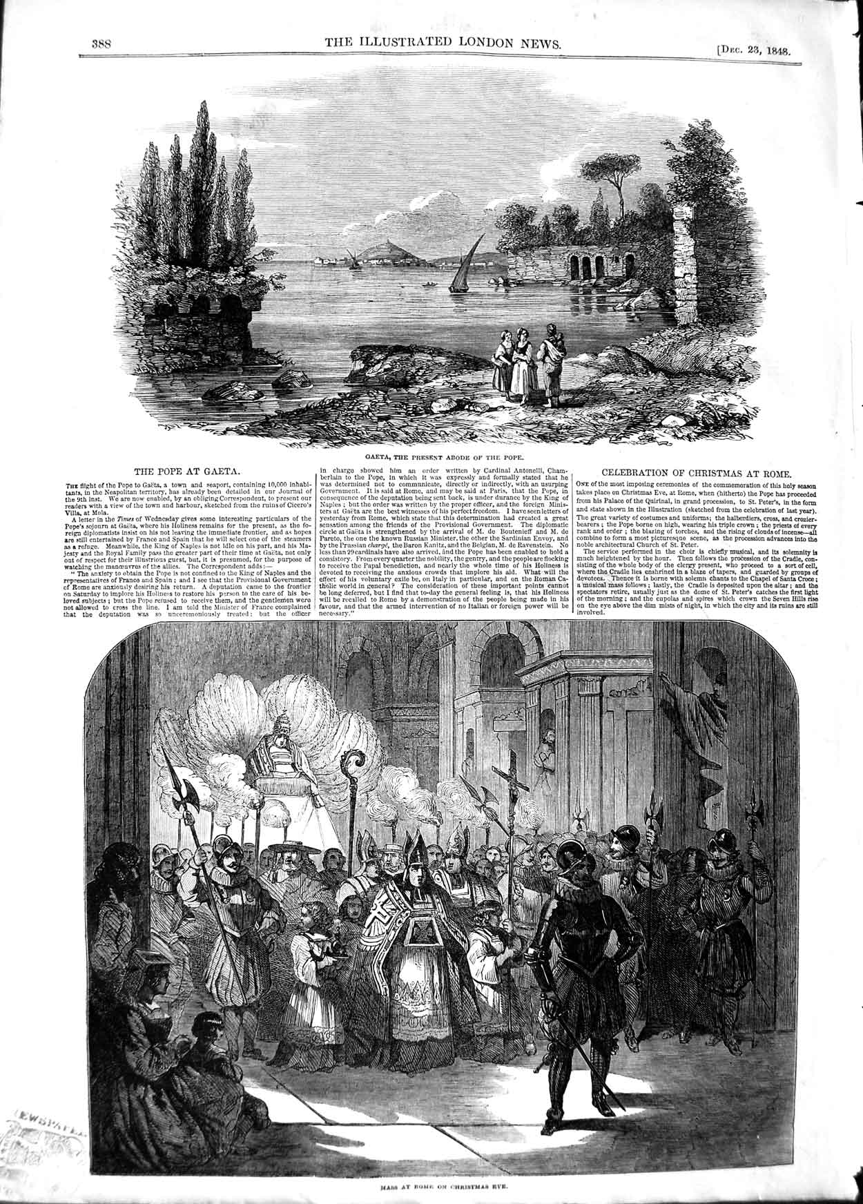 Original Old Antique Print 1848 Pope Gaeta Christmas Eve Mass Church Pro 19th