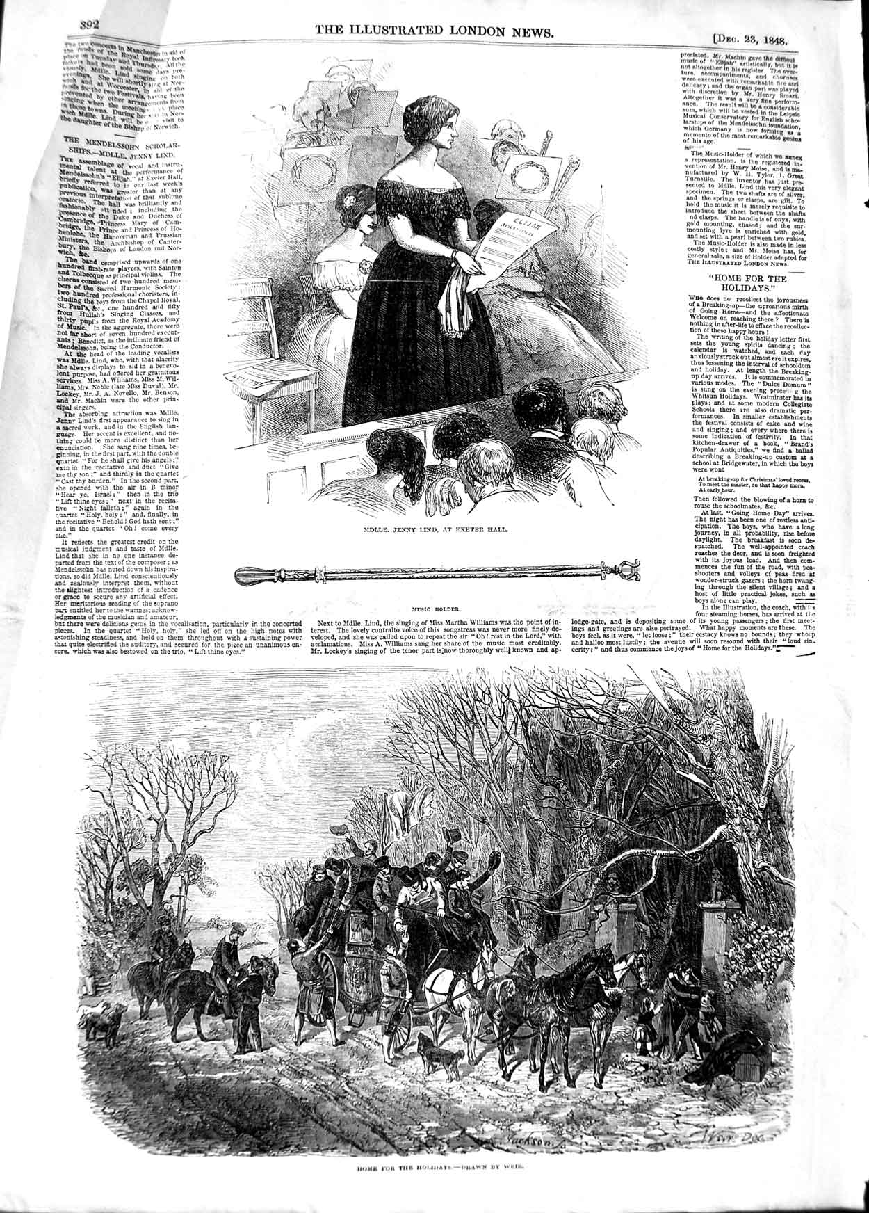 Original Old Antique Print 1848 Jenny Lind Exeter Hall Horses Carriage Fami 19th