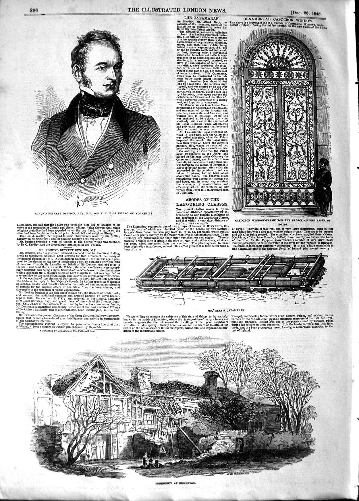 Original Old Antique Print 1848 Edmund Beckett Denison Tenements Edmonto 19th