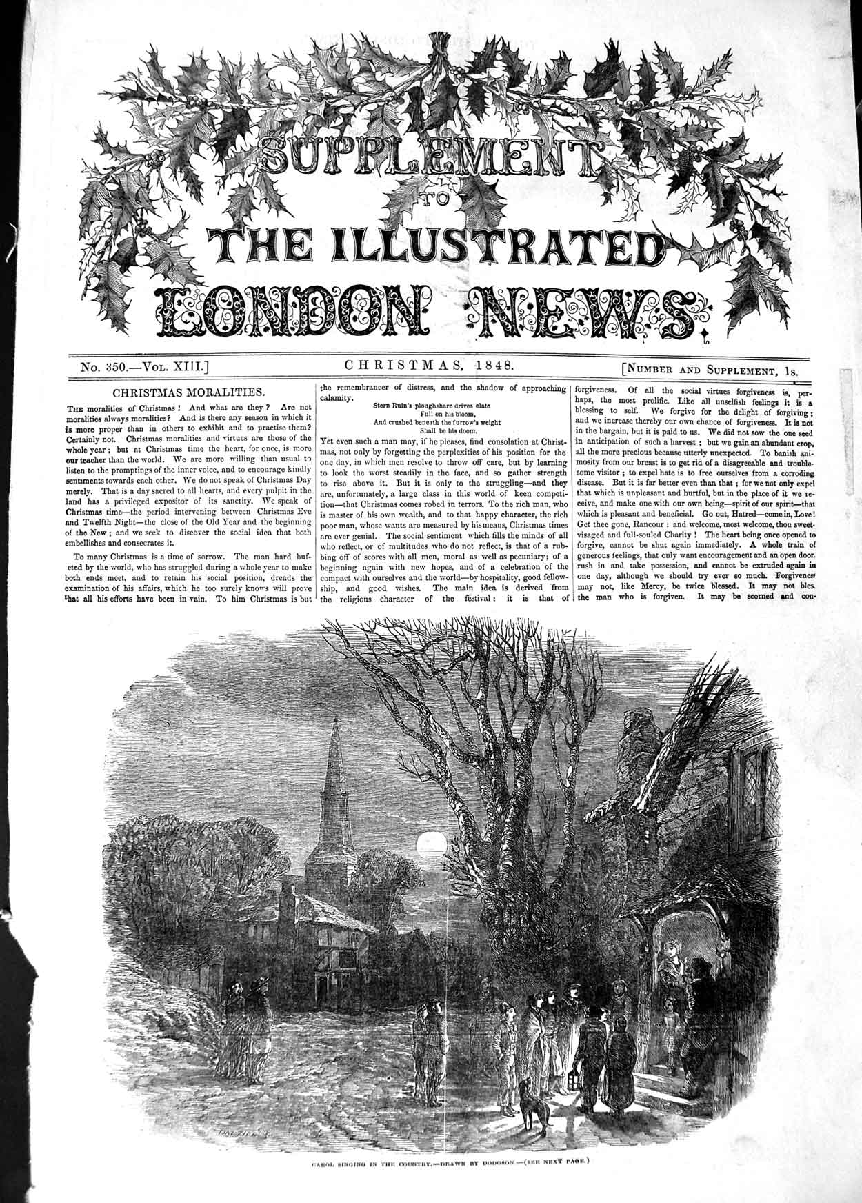 Original Old Antique Print 1848 Carol Singing Christmas Moonligh 19th
