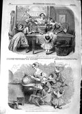 Original Old Antique Print 1848 Family Making Christmas Pudding Children 19th