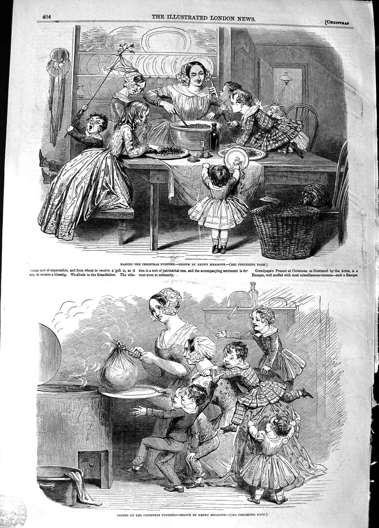 Original Old Antique Print 1848 Family Making Christmas Pudding Children 19th