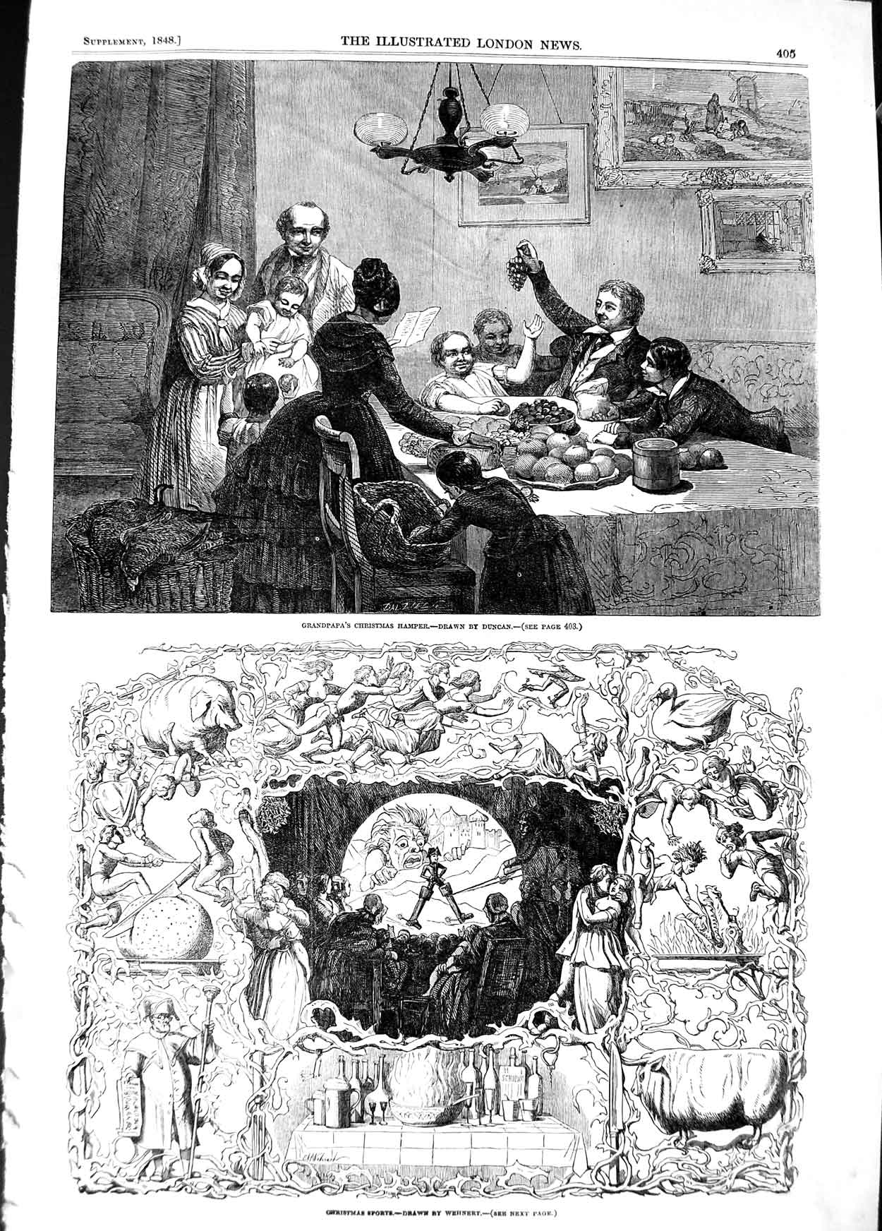 Original Old Antique Print 1848 Christmas Family Grandpa Food Hamper Sports