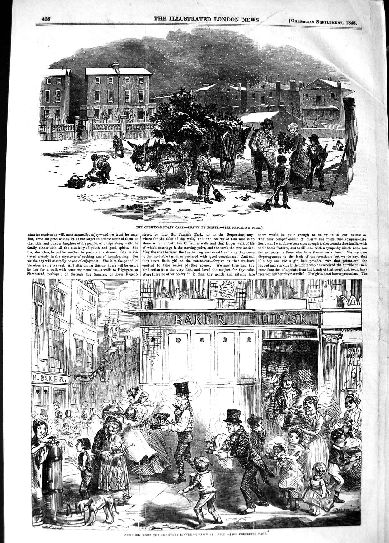 Original Old Antique Print 1848 Christmas Holly Cart Dinner Family Street Scene