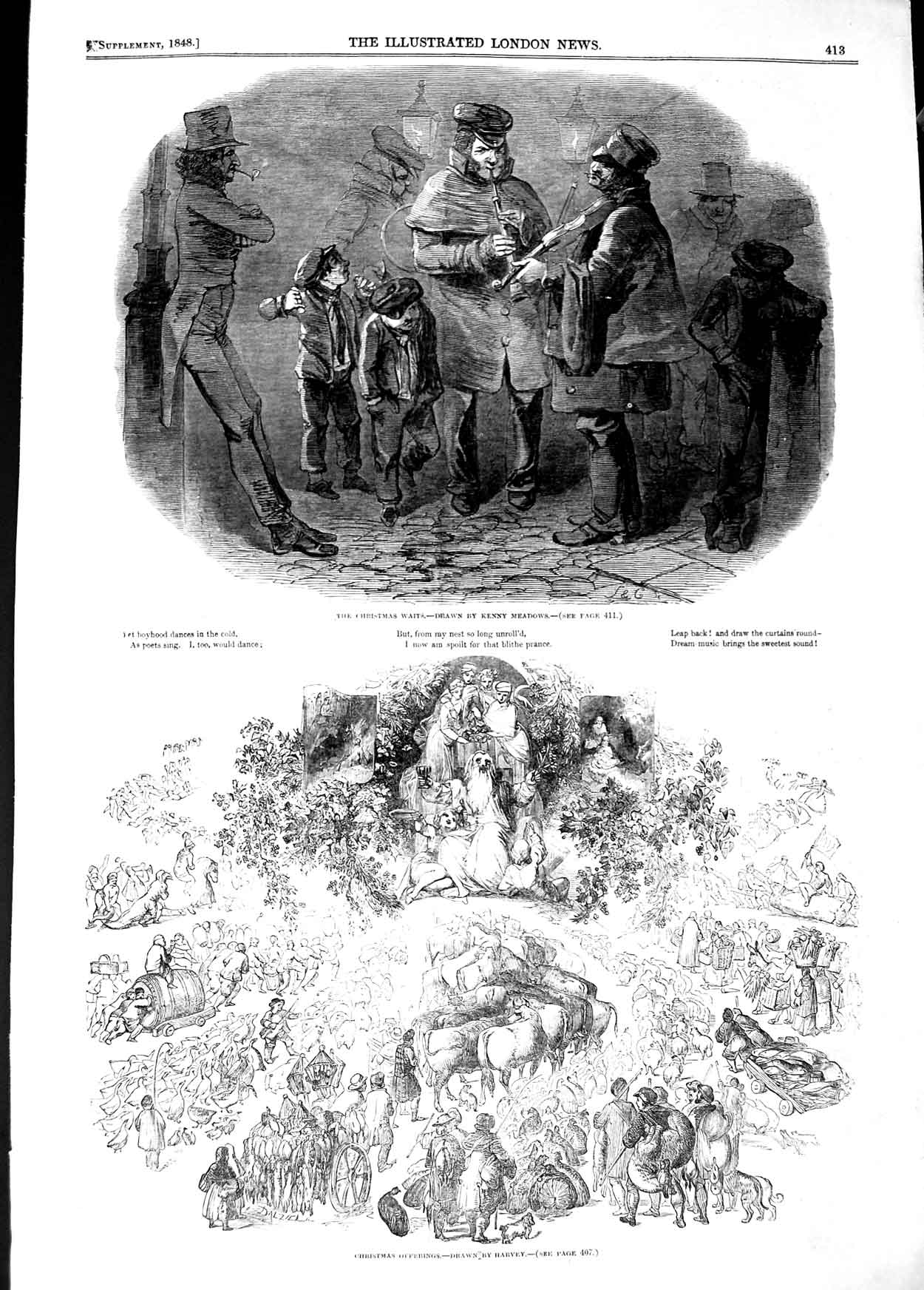 Original Old Antique Print 1848 Scene Christmas Offerings Animals Music Harvey