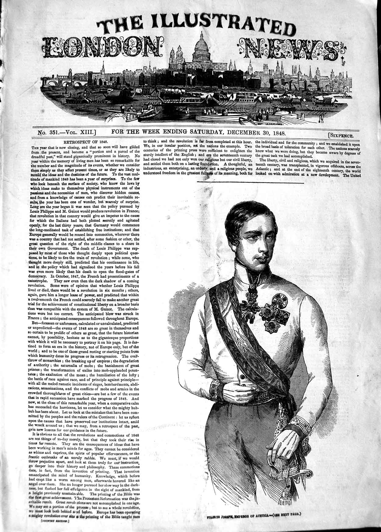 Original Old Antique Print 1848 Portrait Francis Joseph Emperor Austria 19th