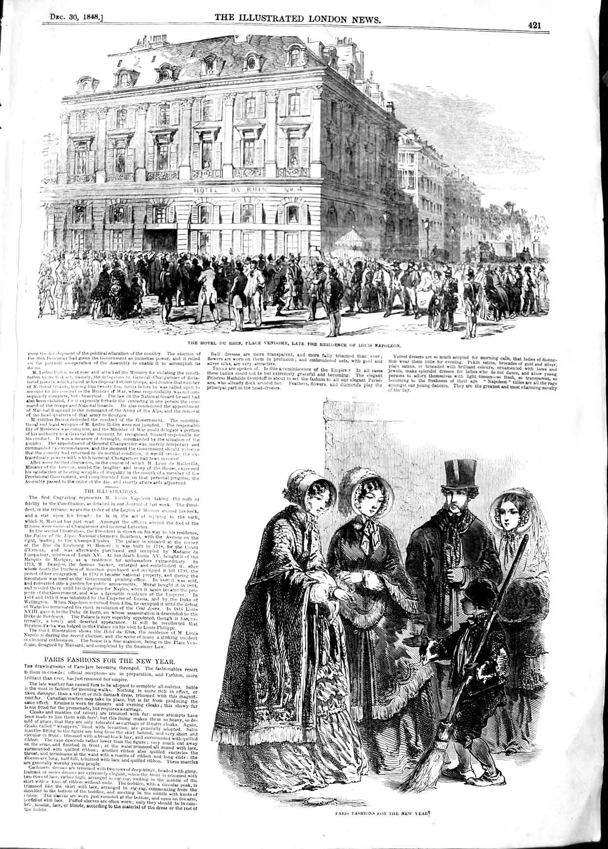 Original Old Antique Print 1848 Hotel Rhin Vendome Louis Napoleon Paris Fashion