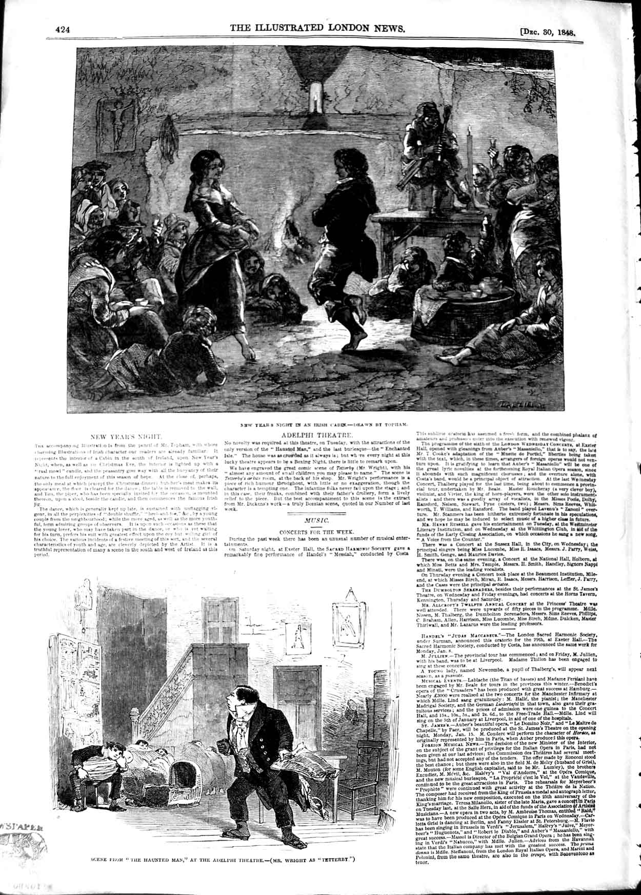 Original Old Antique Print 1848 Haunted Man Adelphi Theatre Wright Irelan 19th