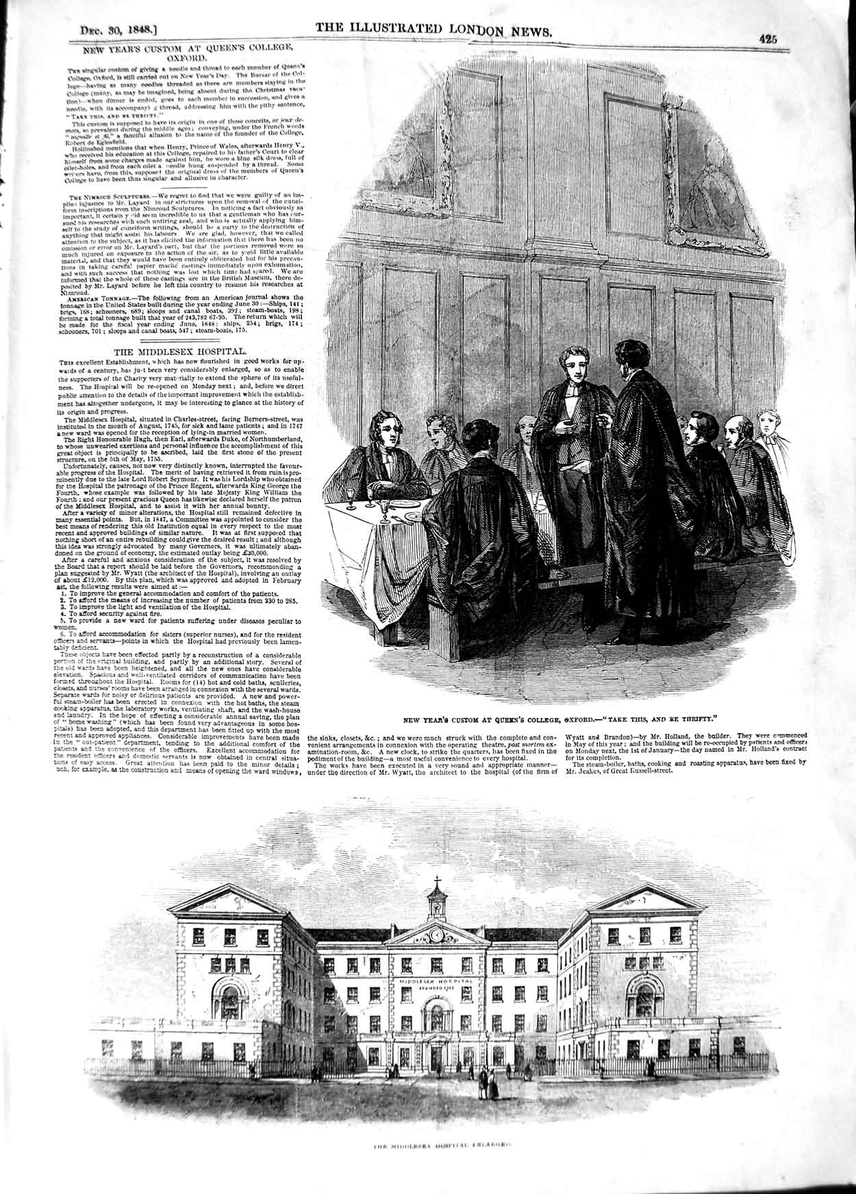 Original Old Antique Print 1848 Queen'S College Oxford Middlesex Hospital B 19th