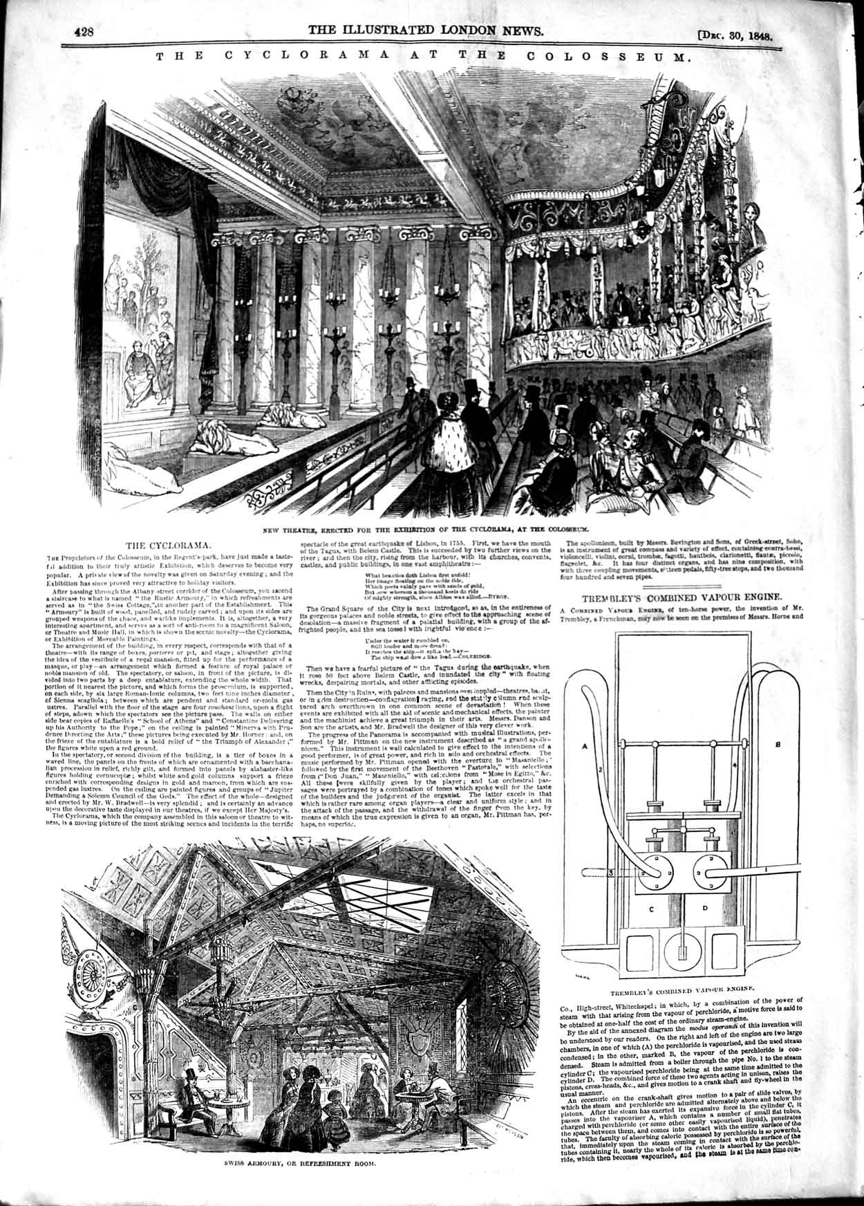 Original Old Antique Print 1848 Theatre Cyclorama Colosseum Swiss Armoury 19th