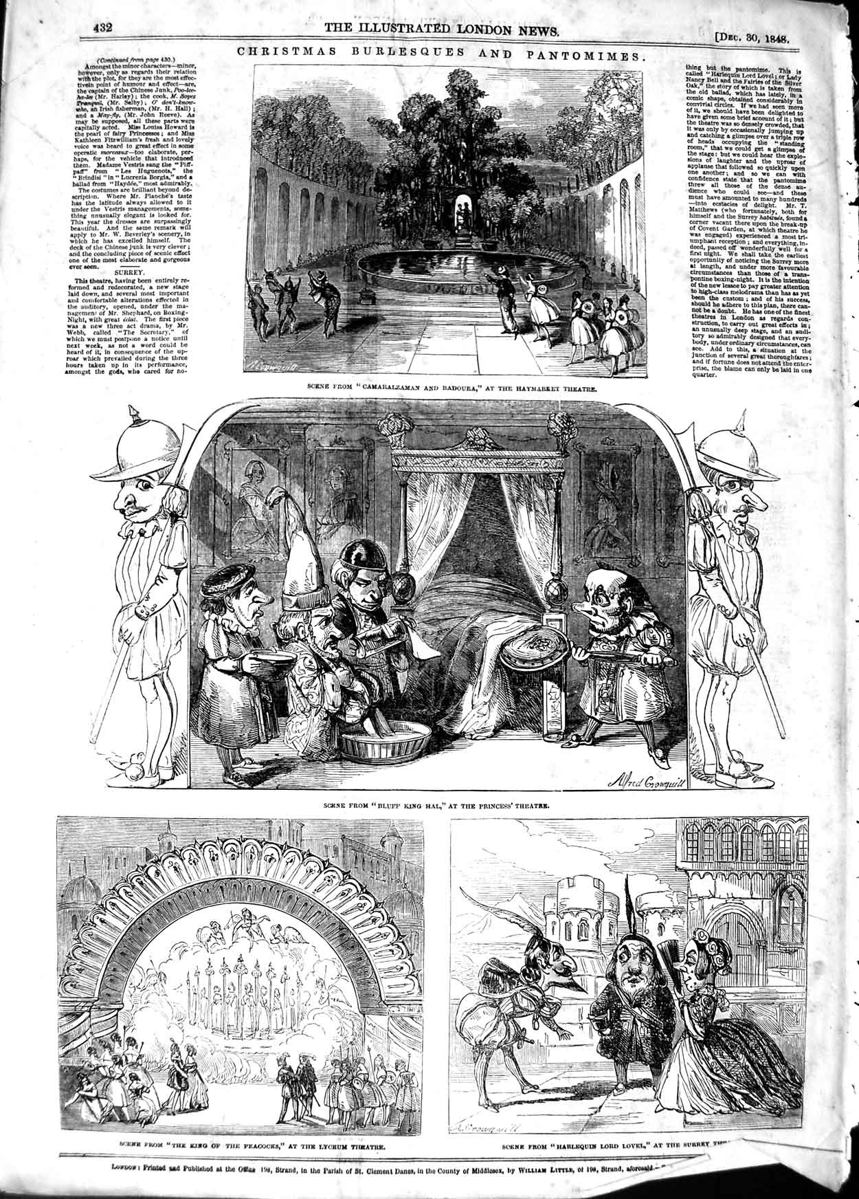 Original Old Antique Print 1848 Christmas Pantomimes Theatre Lyceum Victorian