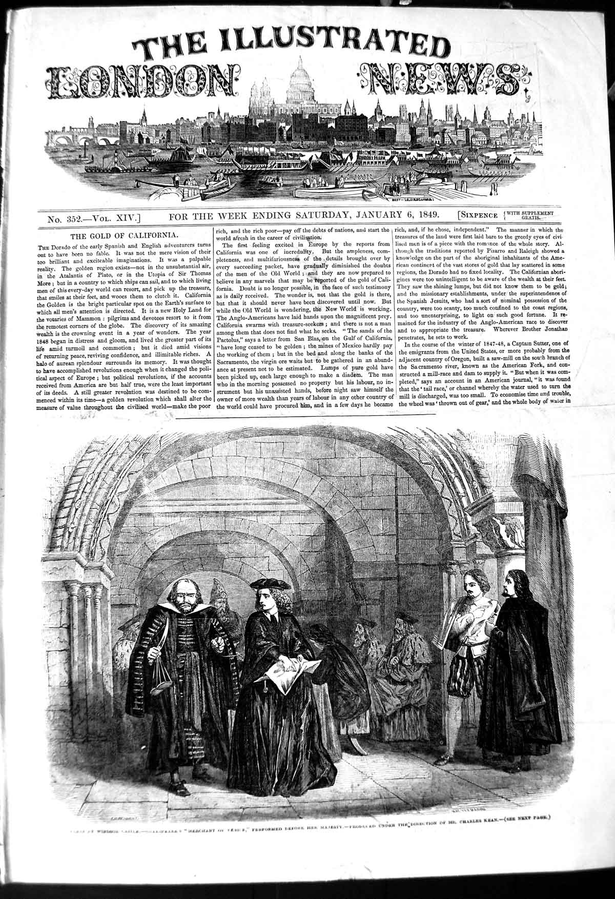 Original Old Antique Print 1849 Windsor Castle Shakespere Merchant Venice Kean