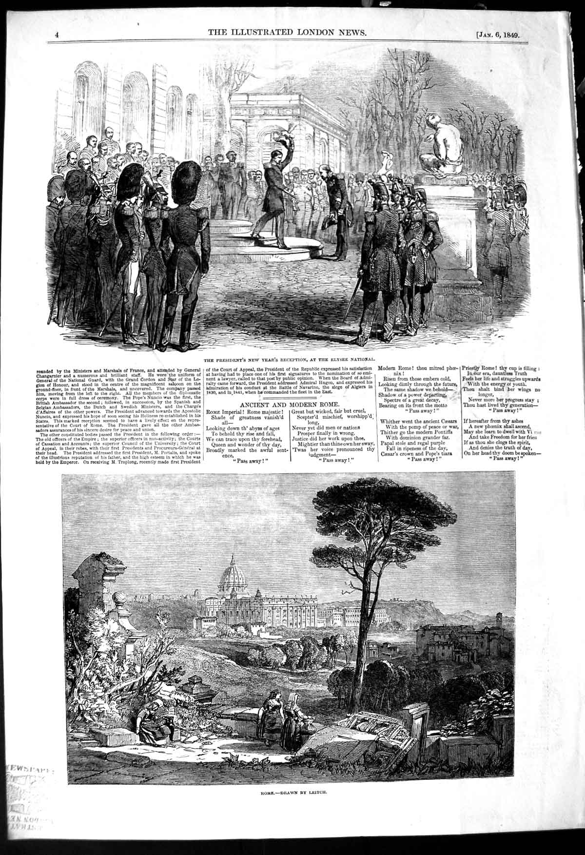 Original Old Antique Print 1849 View Rome Presidents Reception Elysee National